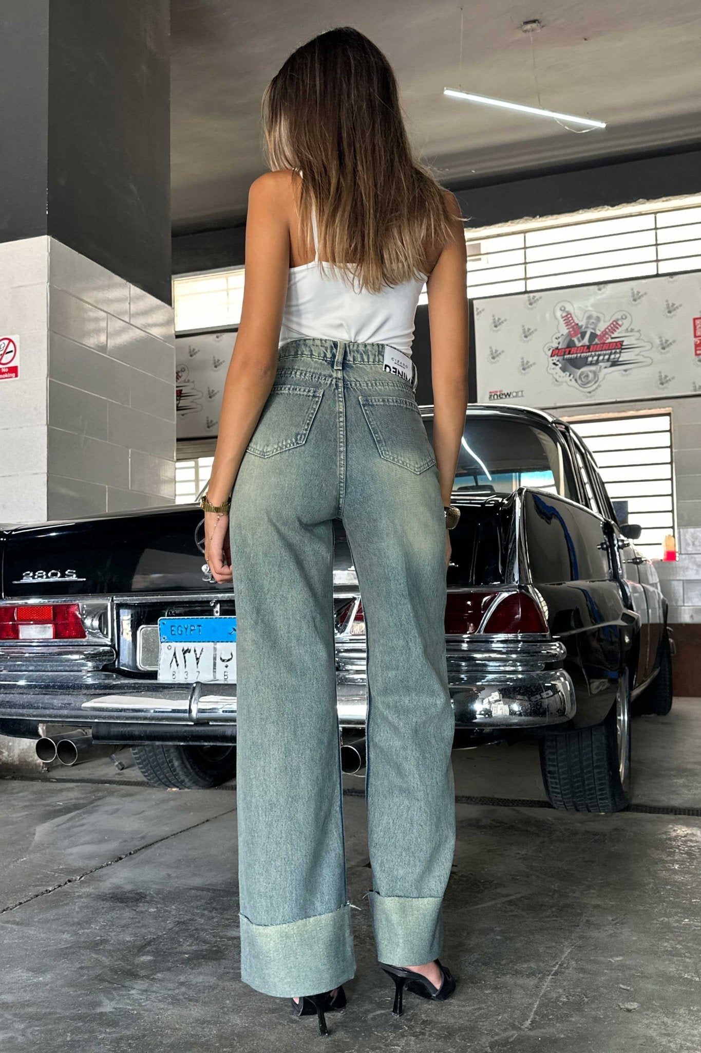 Wide-Leg Raw Hem Turn Up - High-Waist Mid Vintage Blue Jeans wide leg CIZARO - Cizaro Jeans
