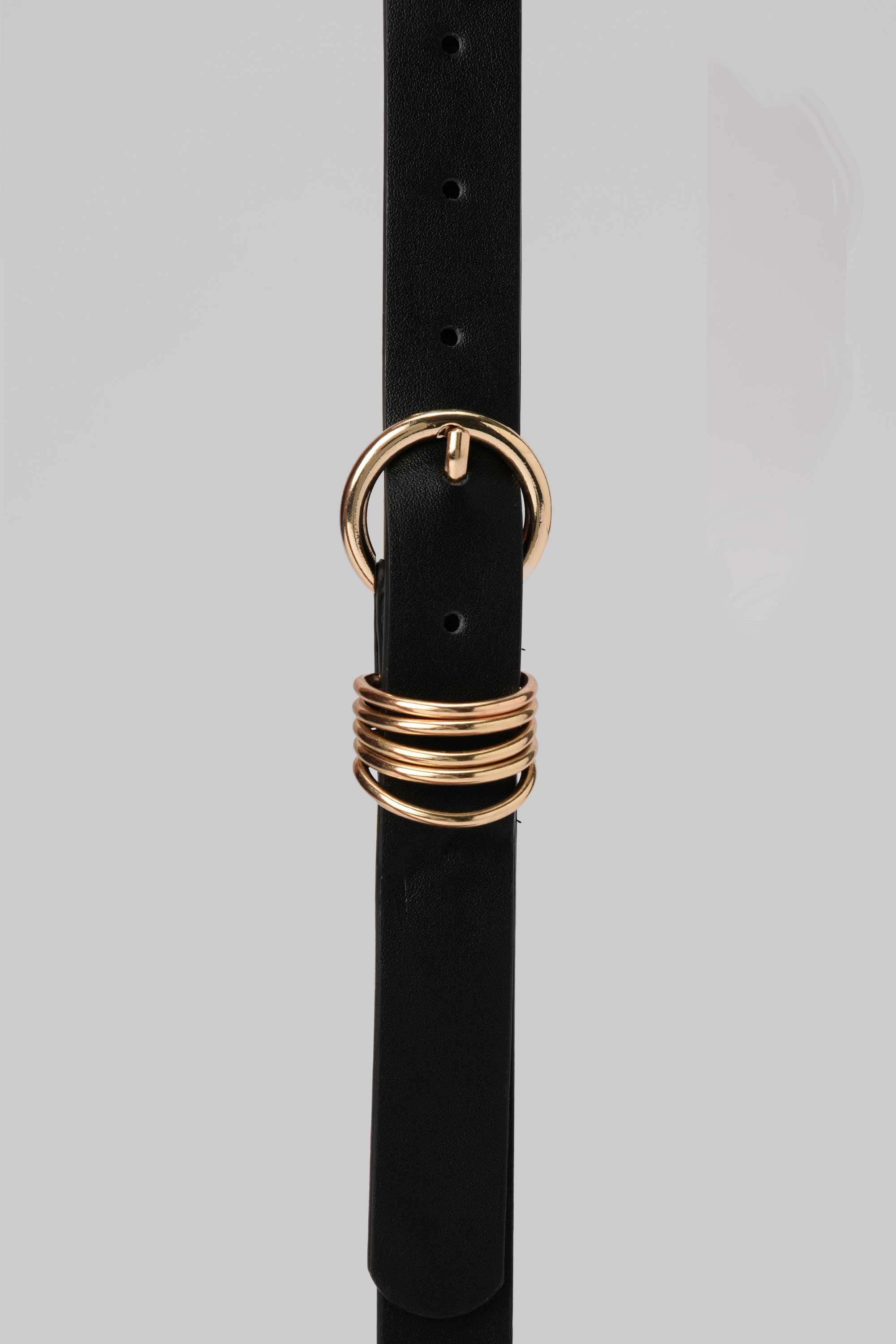 Belt | Black Faux Leather with Gold Circle Buckle & Stacked Rings BELT CZBELT - Cizaro Jeans