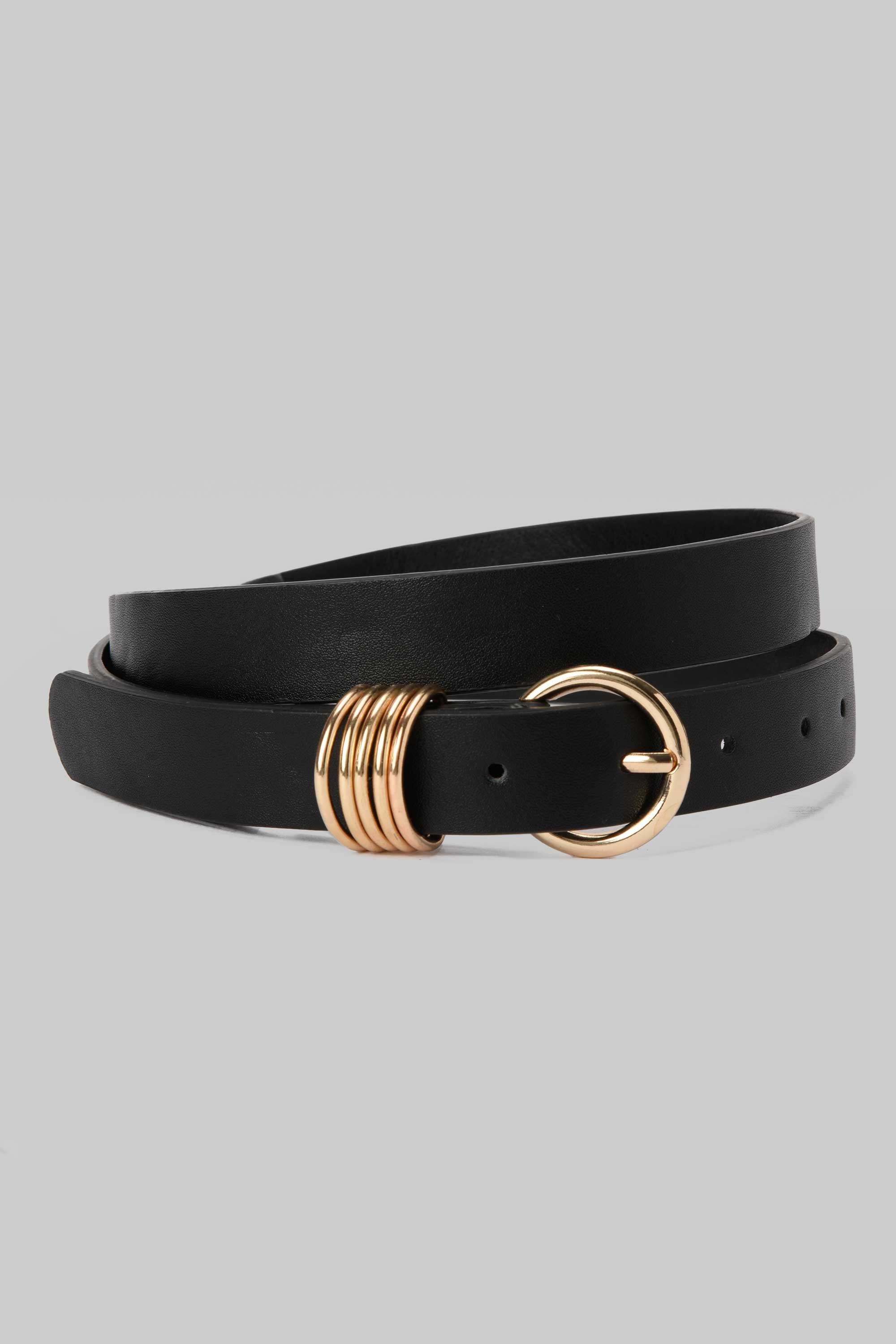 Belt | Black Faux Leather with Gold Circle Buckle & Stacked Rings BELT CZBELT - Cizaro Jeans