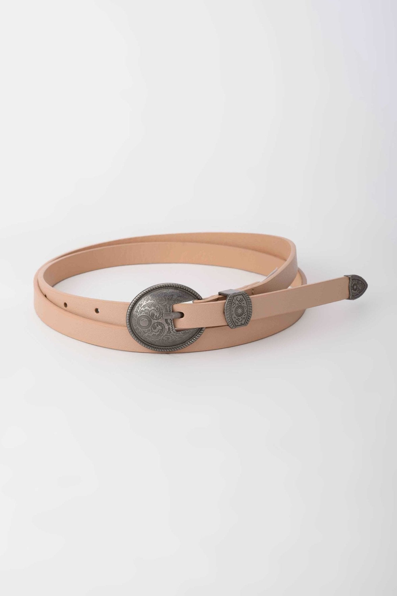 Belt | Nude Slim Belt with Round Engraved Western Buckle Belt - Acc CZBELT - Cizaro Jeans