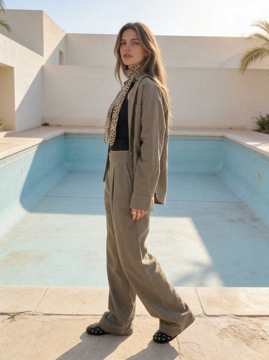 Deep Olive Oversized Shirt – Linen Effect Shirt - Summer collection - linen sets CIZARO - Cizaro Jeans
