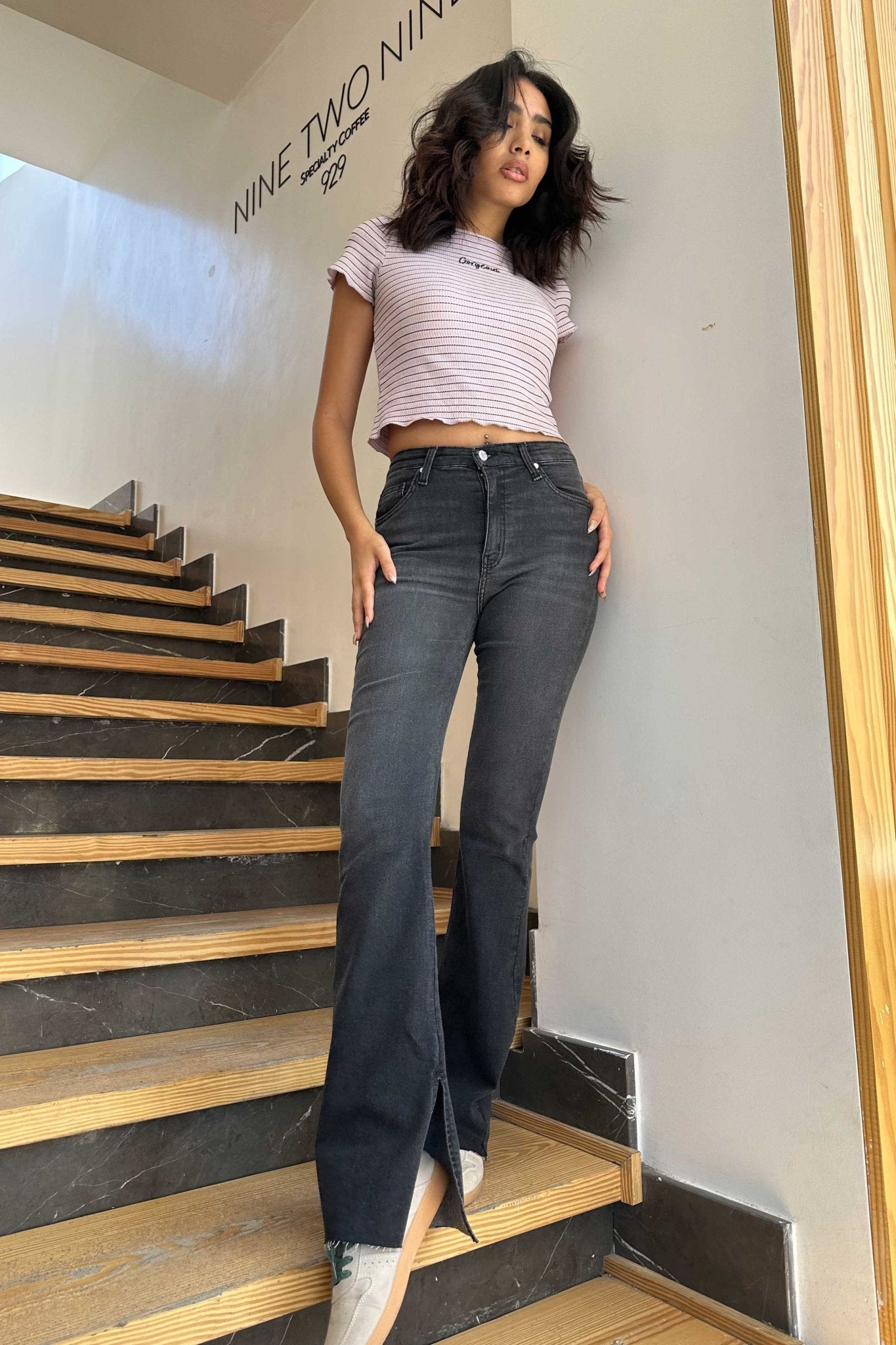 Flare - Gray Split Hem Flare CIZARO - Cizaro Jeans
