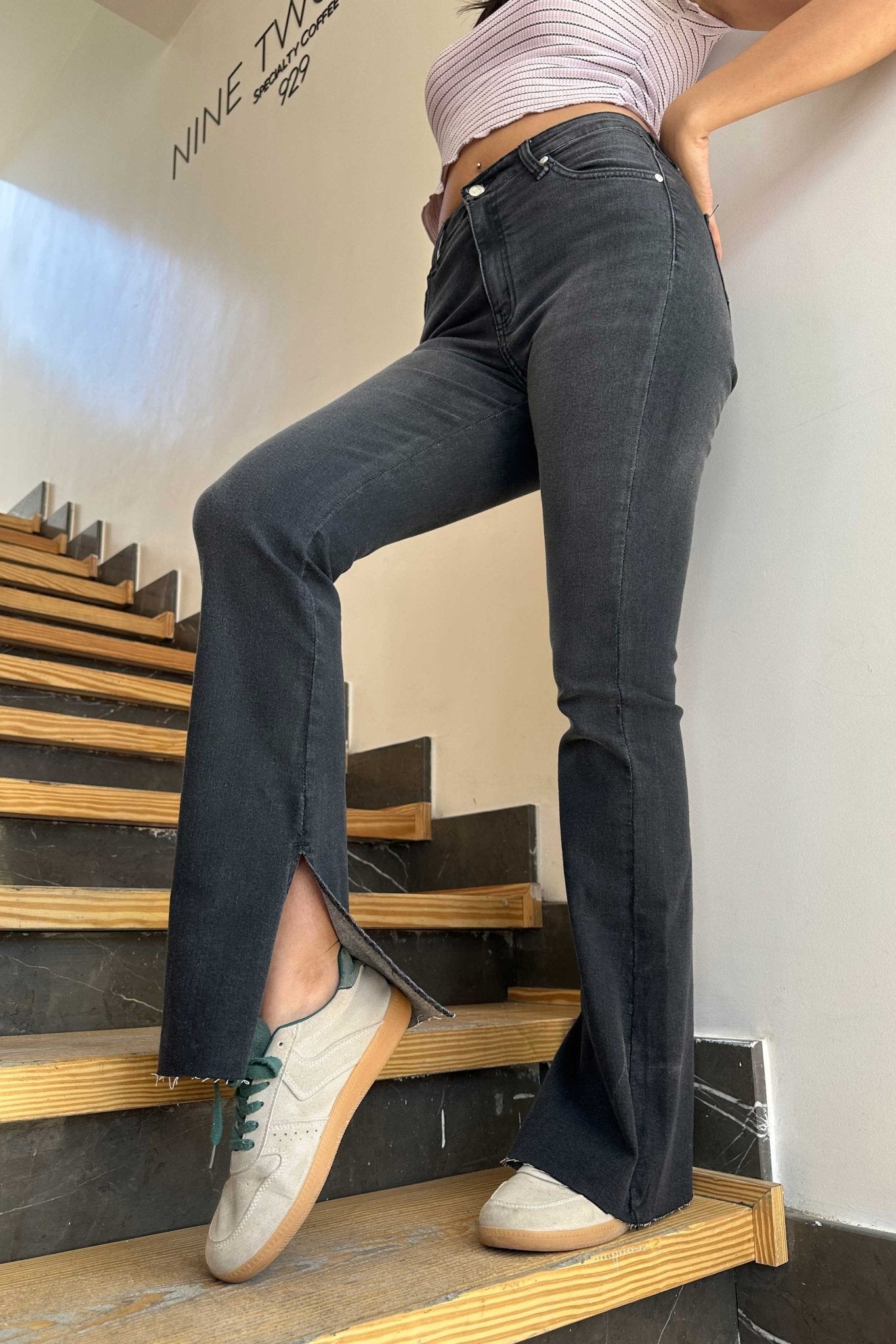 Flare - Gray Split Hem Flare CIZARO - Cizaro Jeans