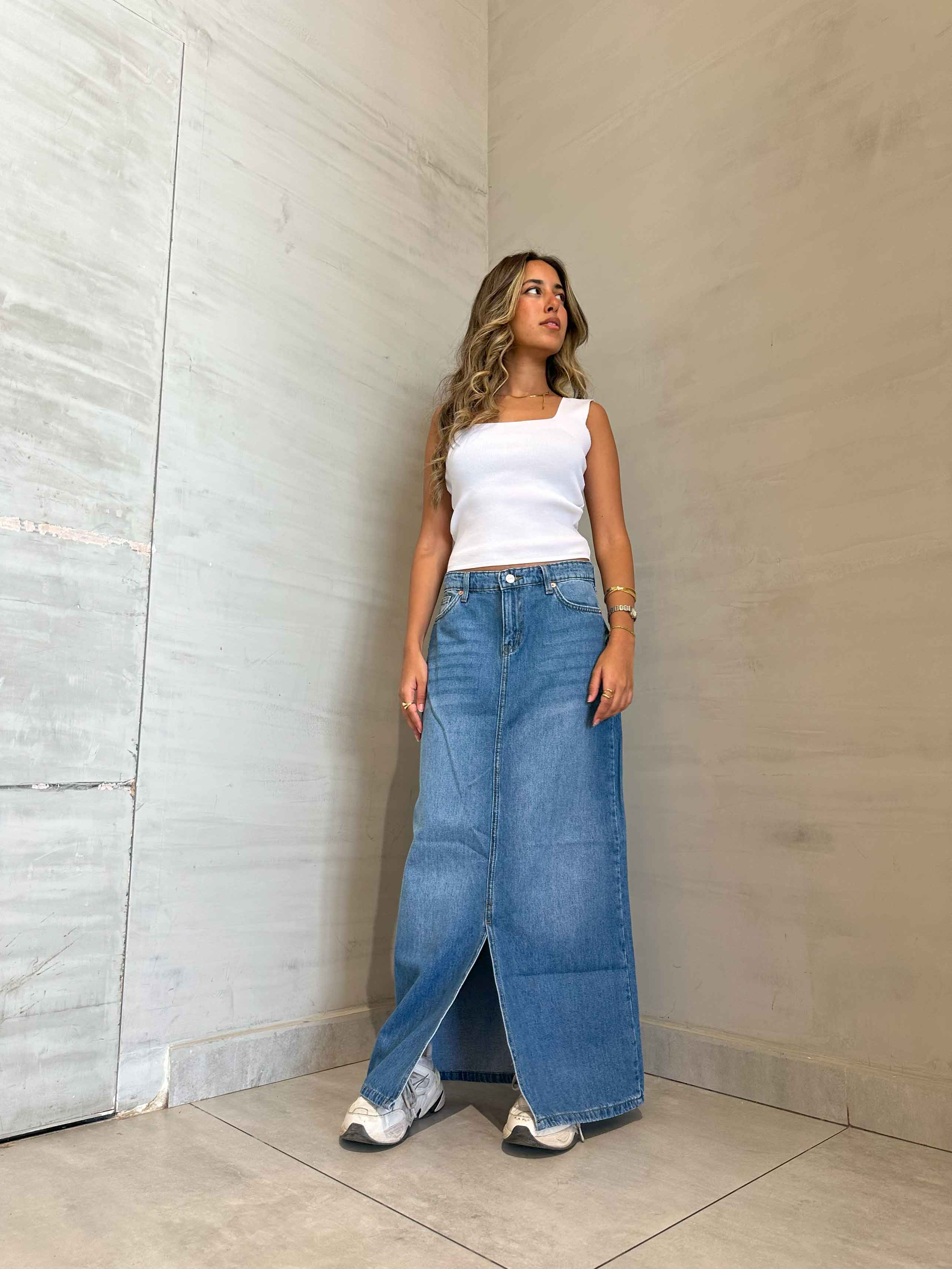 Maxi Skirt - Light Blue Split Hem. Skirts CIZARO - Cizaro Jeans