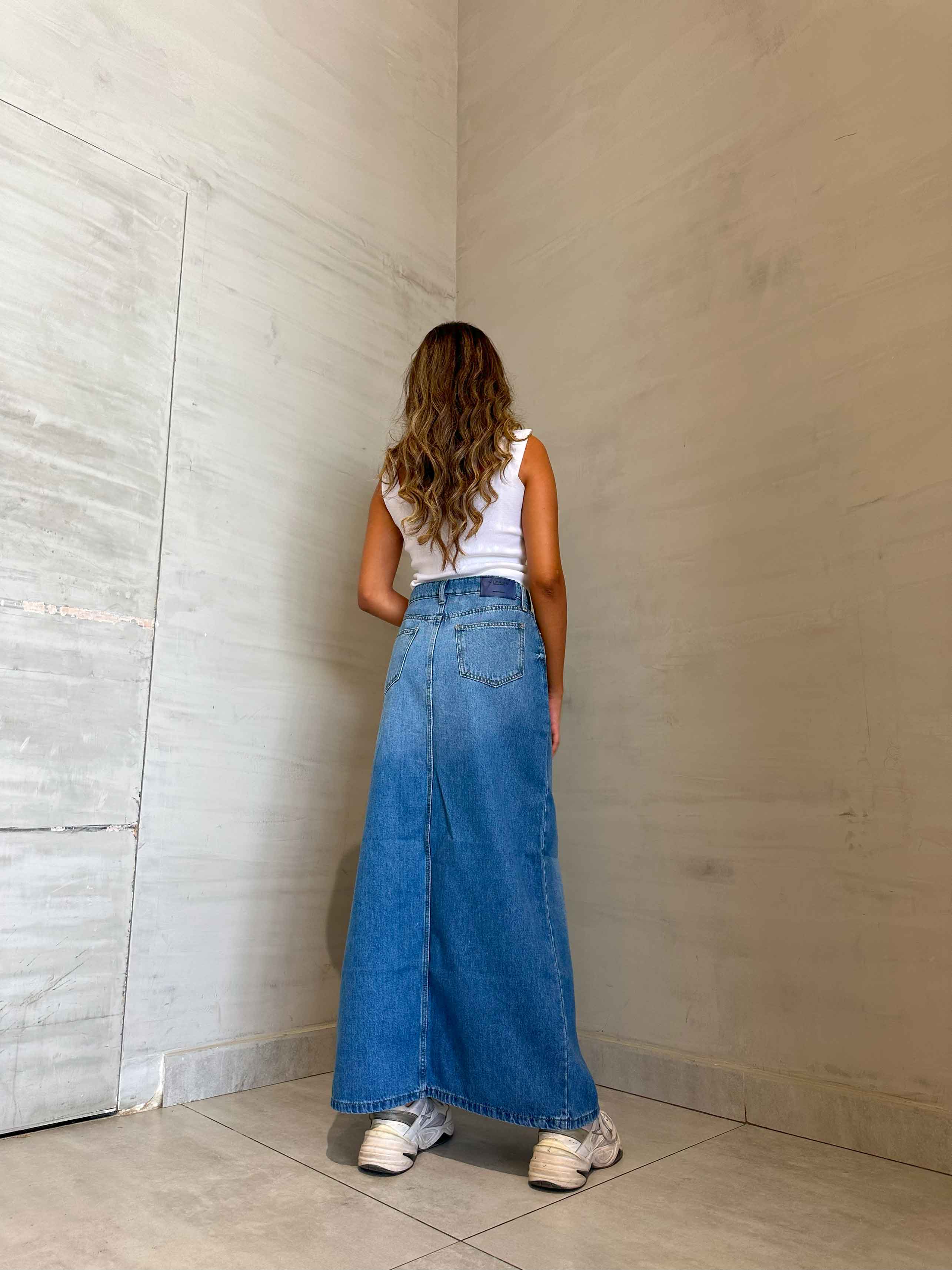 Maxi Skirt - Light Blue Split Hem. Skirts CIZARO - Cizaro Jeans