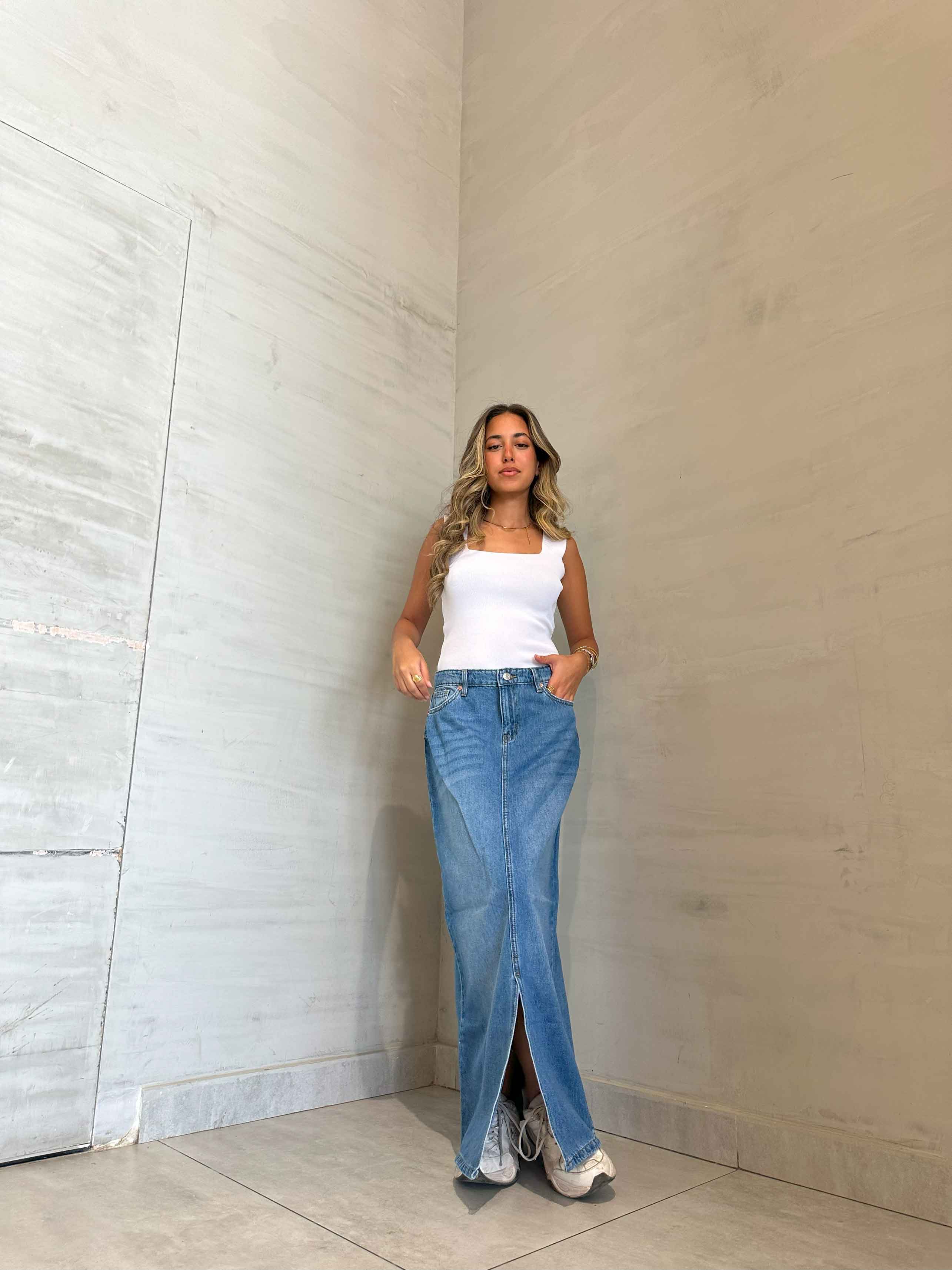 Maxi Skirt - Light Blue Split Hem. Skirts CIZARO - Cizaro Jeans