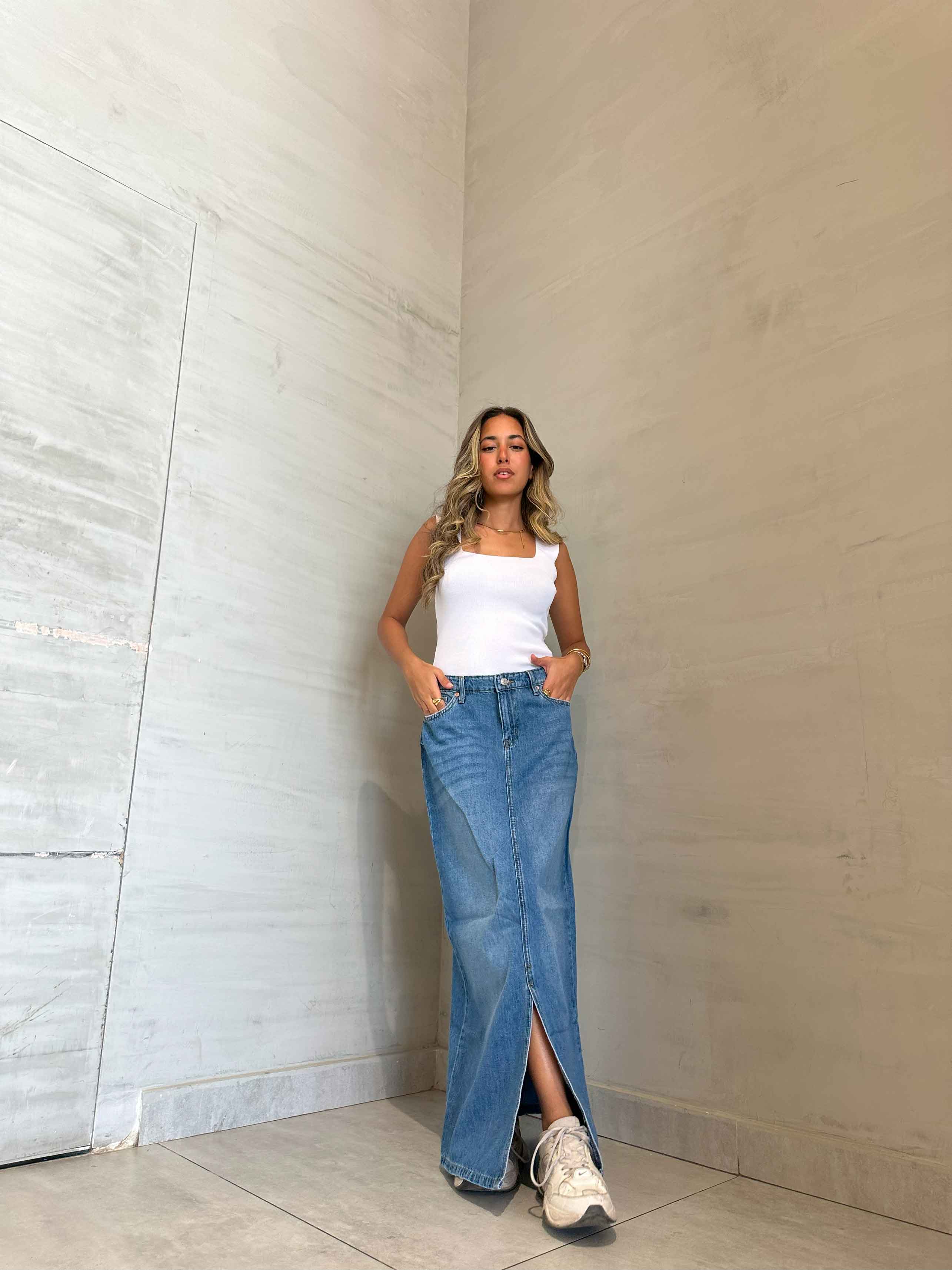 Maxi Skirt - Light Blue Split Hem. Skirts CIZARO - Cizaro Jeans