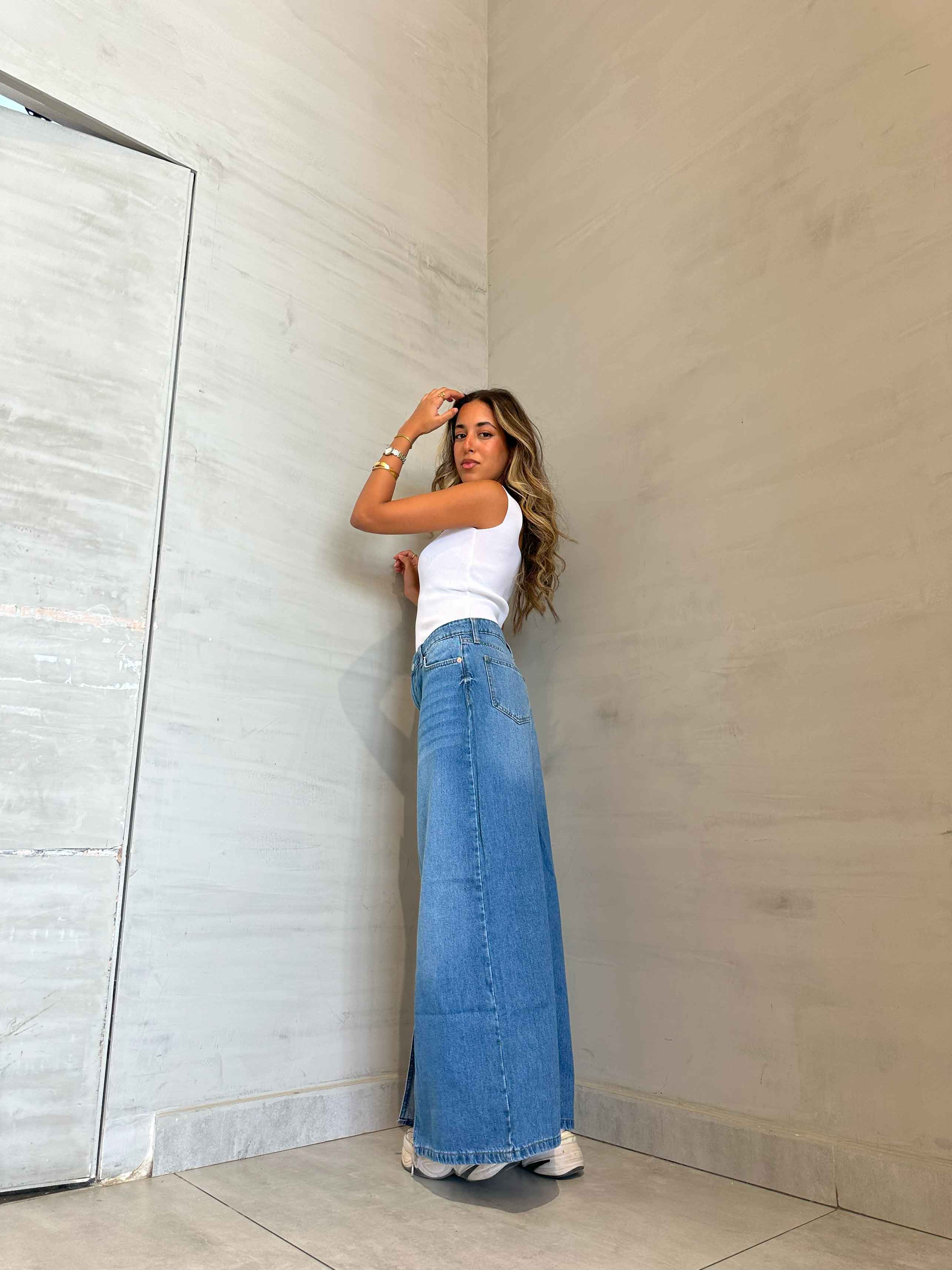 Maxi Skirt - Light Blue Split Hem. Skirts CIZARO - Cizaro Jeans