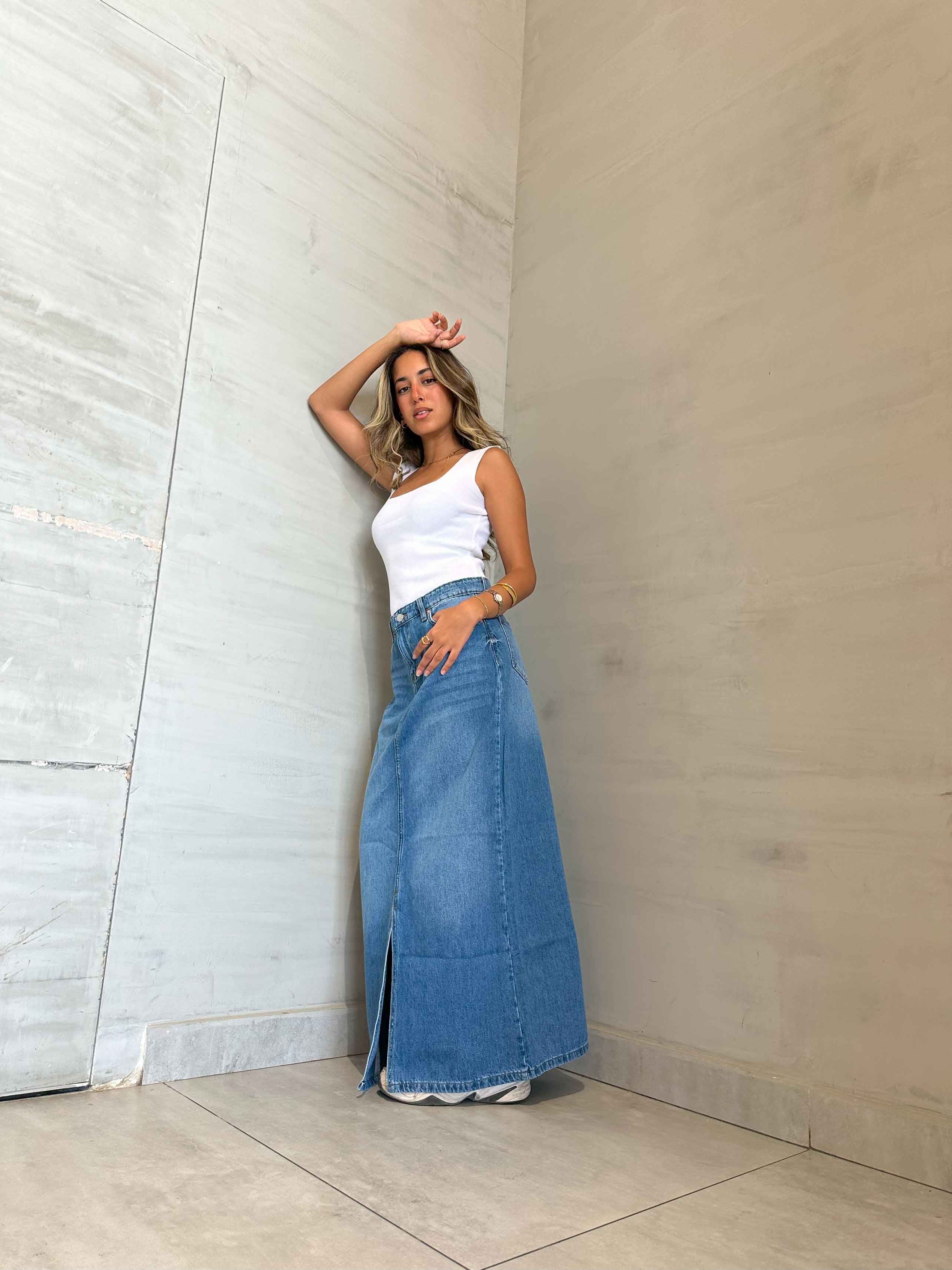Maxi Skirt - Light Blue Split Hem. Skirts CIZARO - Cizaro Jeans