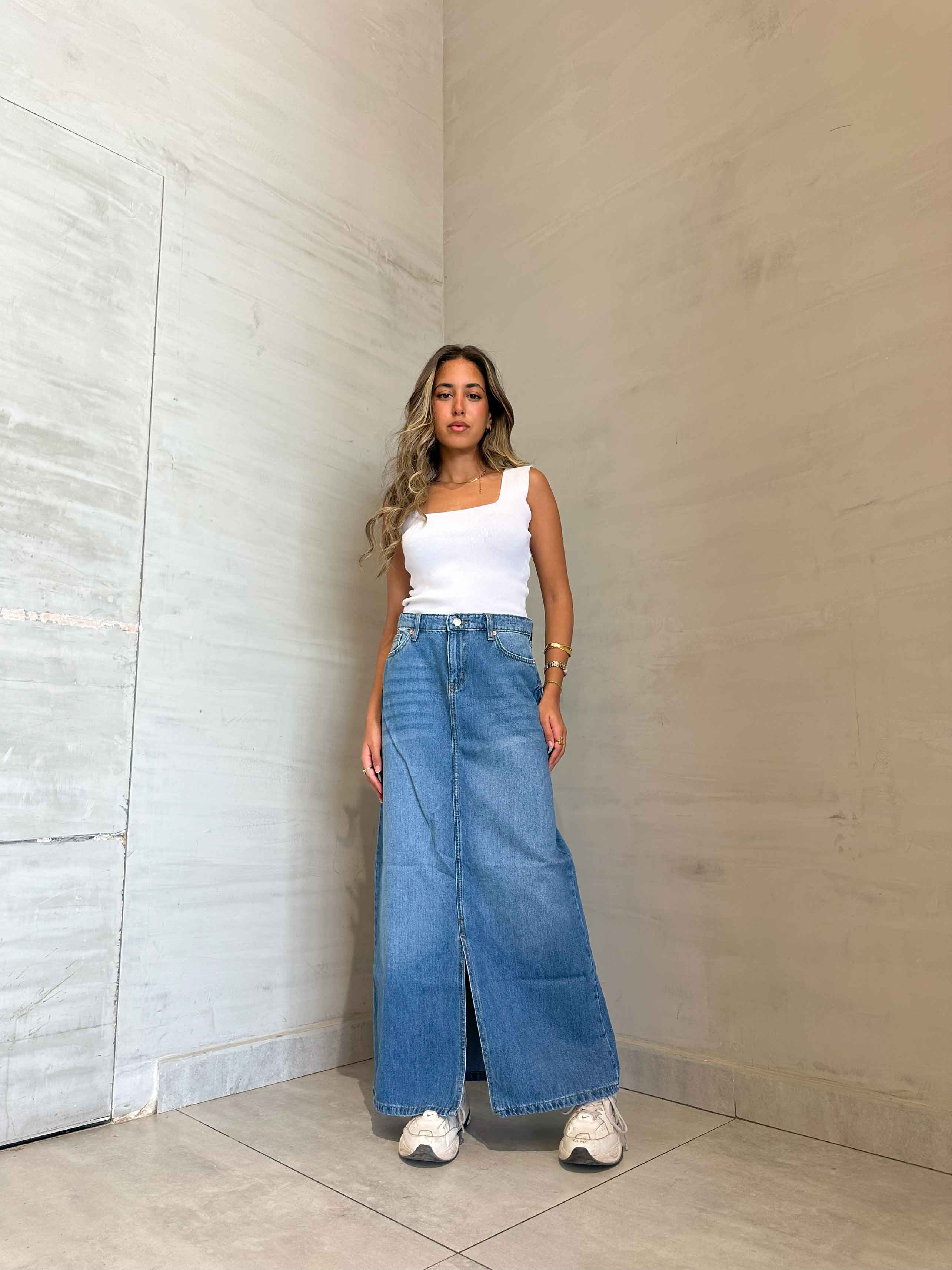 Maxi Skirt - Light Blue Split Hem. Skirts CIZARO - Cizaro Jeans