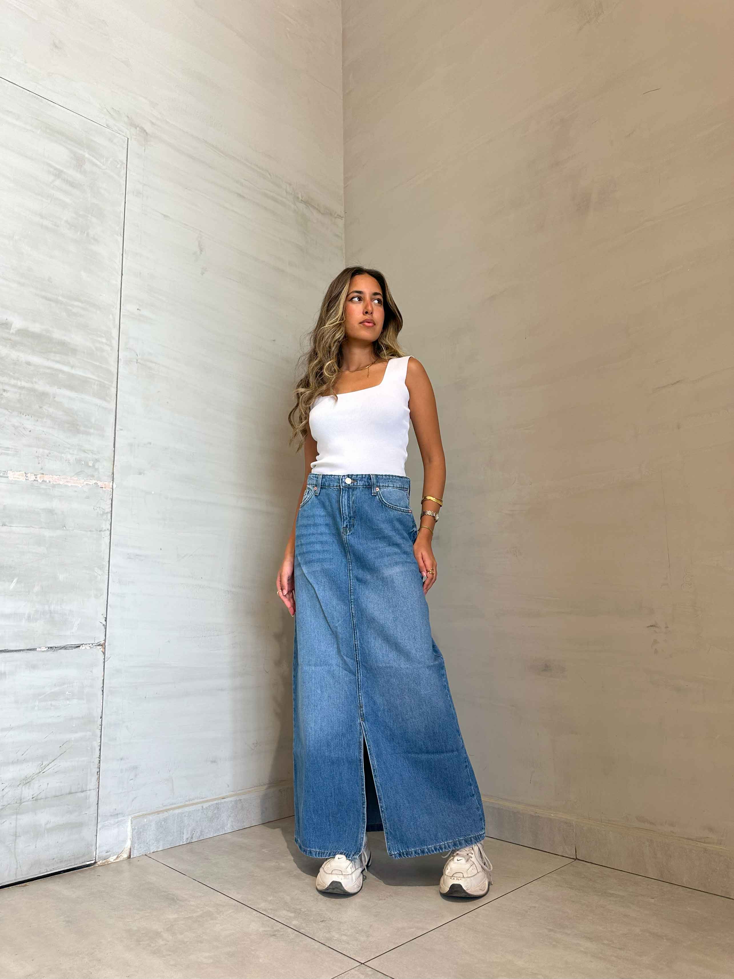 Maxi Skirt - Light Blue Split Hem. Skirts CIZARO - Cizaro Jeans