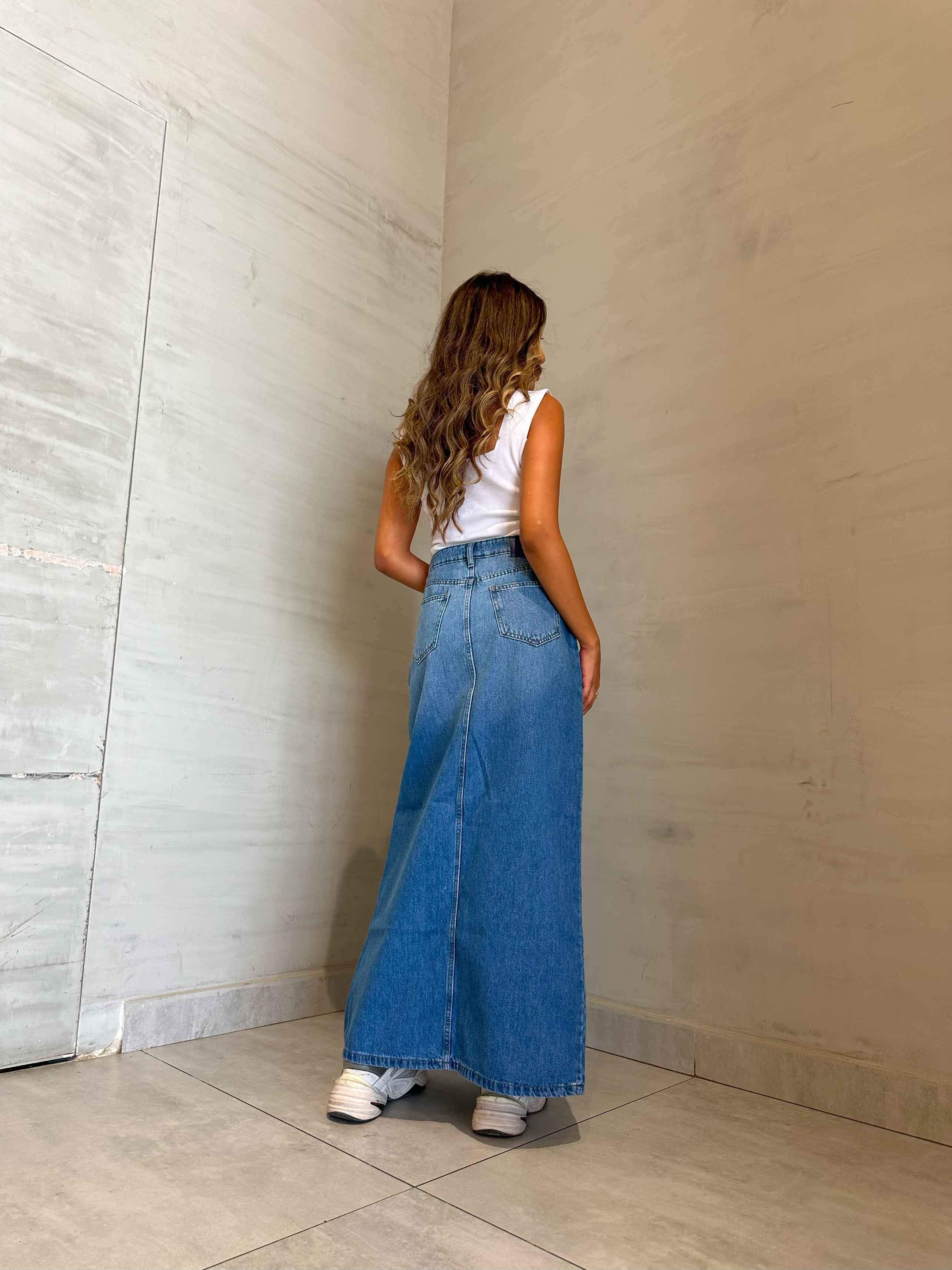 Maxi Skirt - Light Blue Split Hem. Skirts CIZARO - Cizaro Jeans