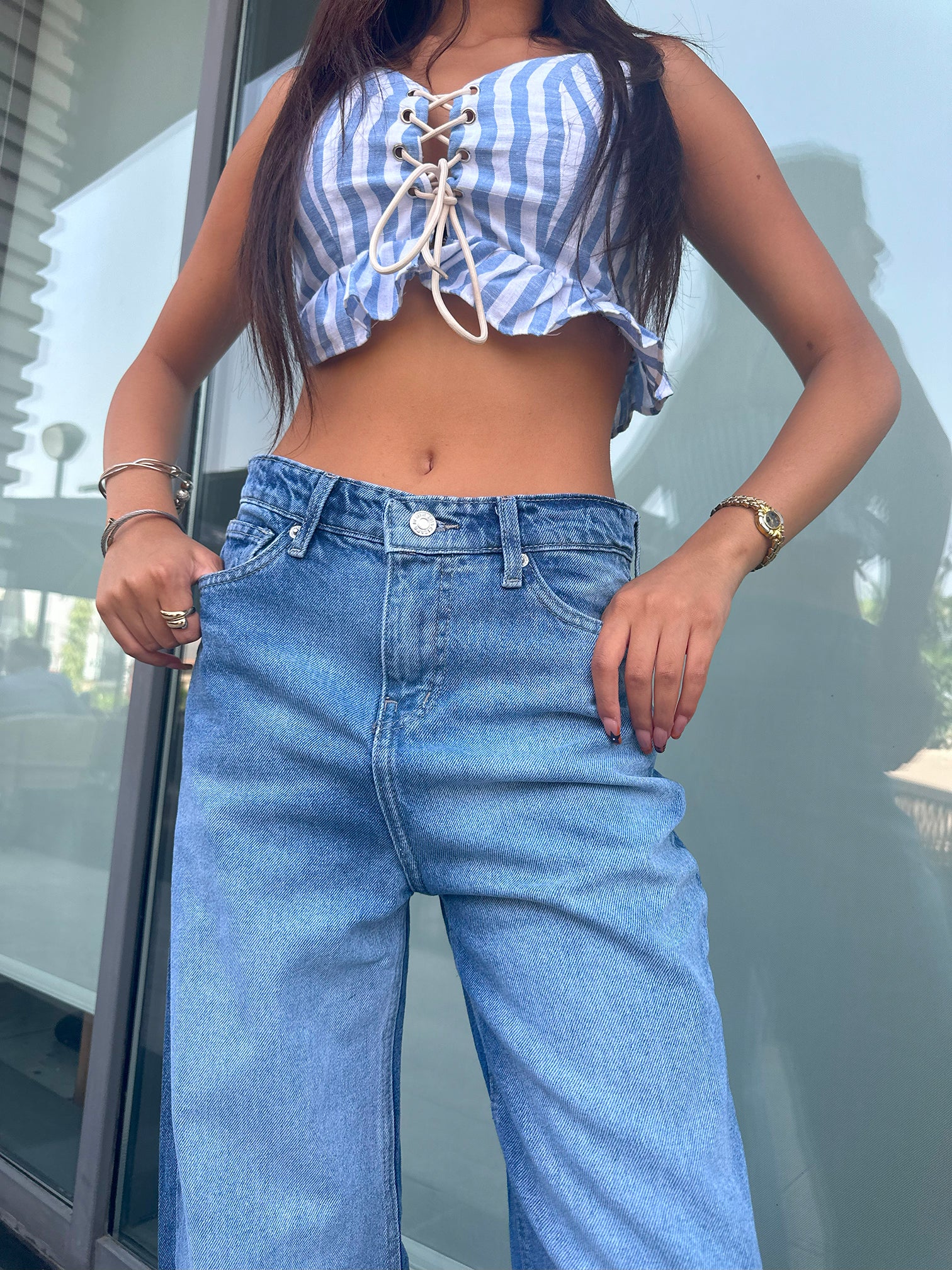 Baggy - Classic Mid Blue Degrade Jeans. Mom-Fit CIZARO - Cizaro Jeans