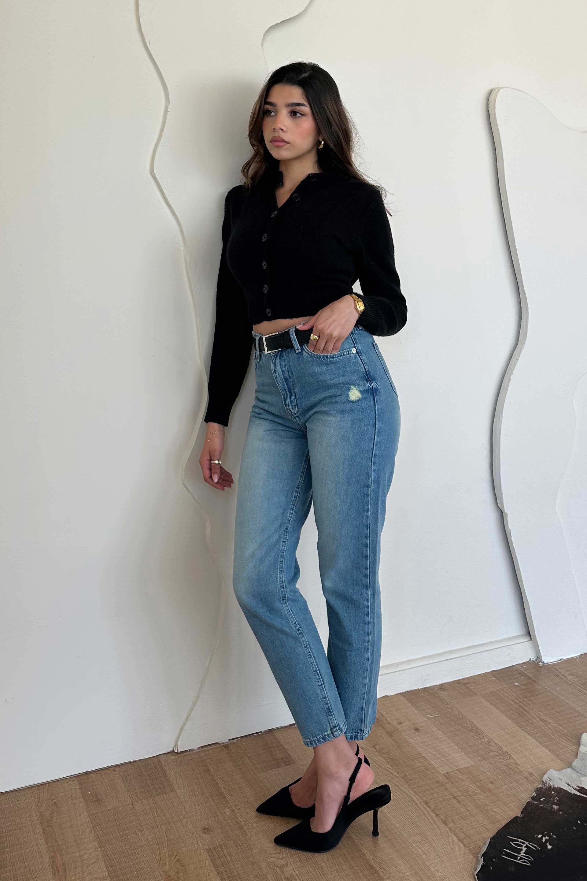 Mom Jeans - High-Waist Medium Blue Washed Mom jeans CIZARO - Cizaro Jeans