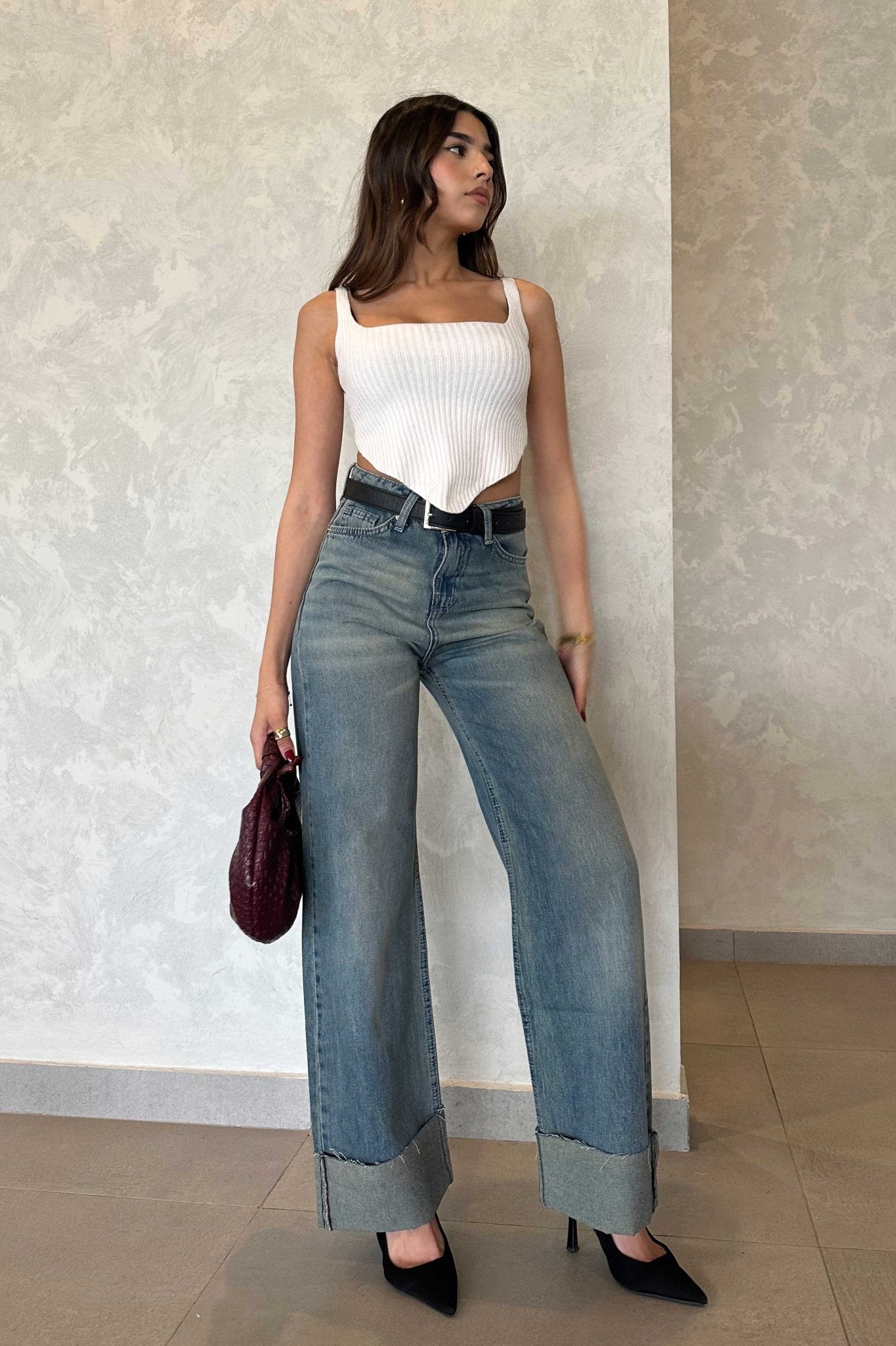 Wide-Leg - Turn Up High-Waist Vintage Hazy Blue Washed Jeans. Wide-Leg CIZARO - Cizaro Jeans