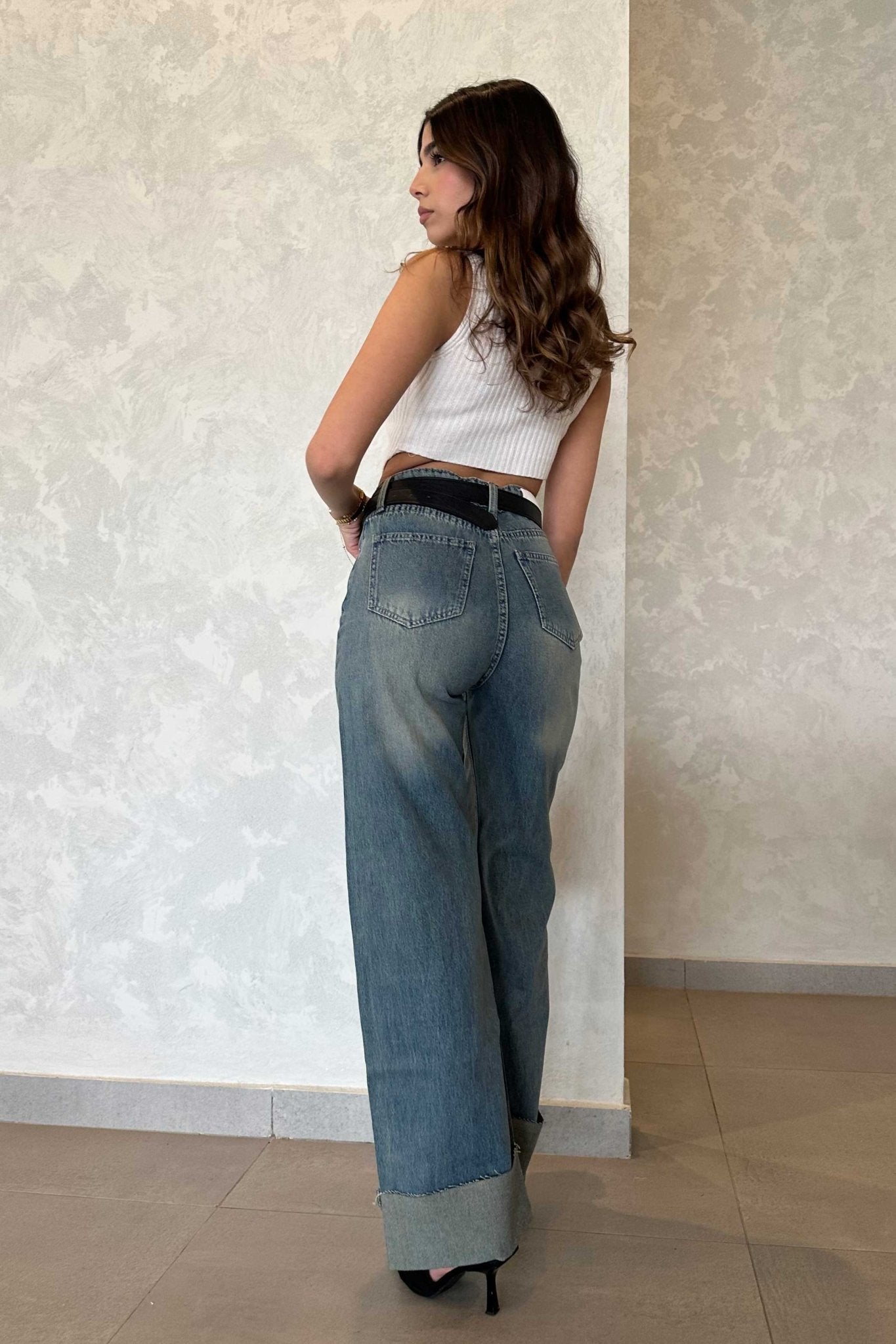 Wide-Leg - Turn Up High-Waist Vintage Hazy Blue Washed Jeans. Wide-Leg CIZARO - Cizaro Jeans