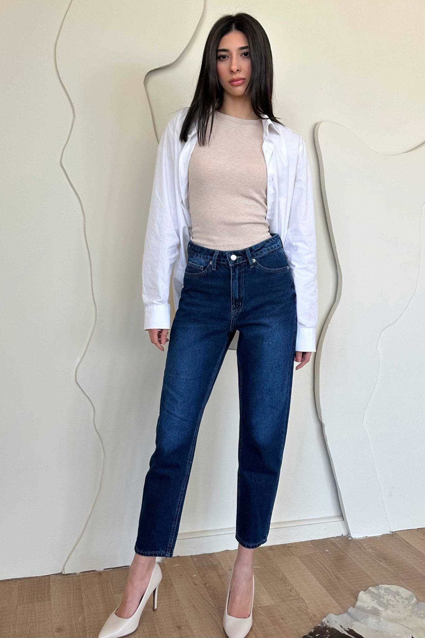 Mom-Fit - High-Waist Dark Blue Jeans Mom-Fit CIZARO - Cizaro Jeans