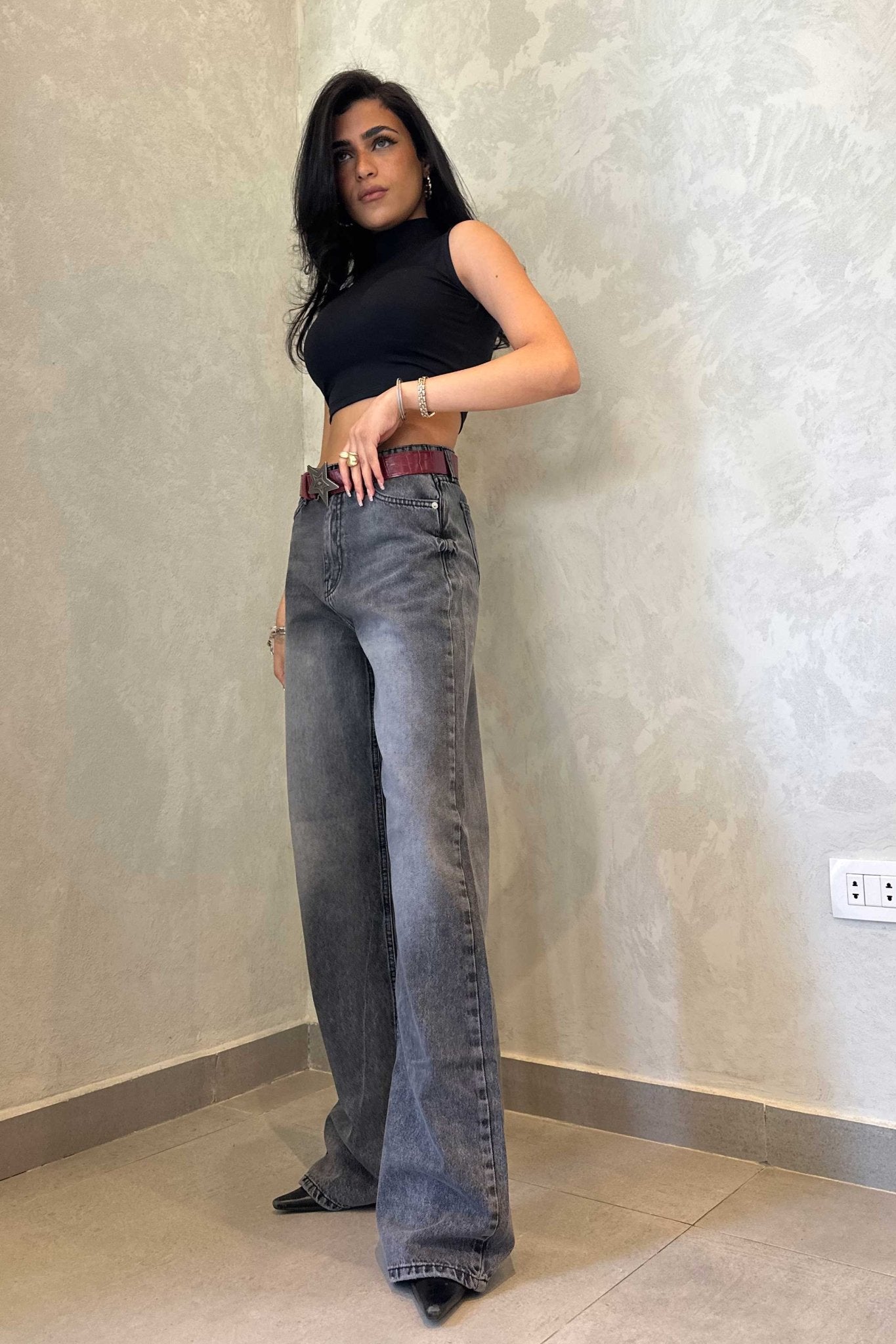 Wide-Leg | High-Waist Charcoal Washed Jeans Wide-Leg CIZARO - Cizaro Jeans