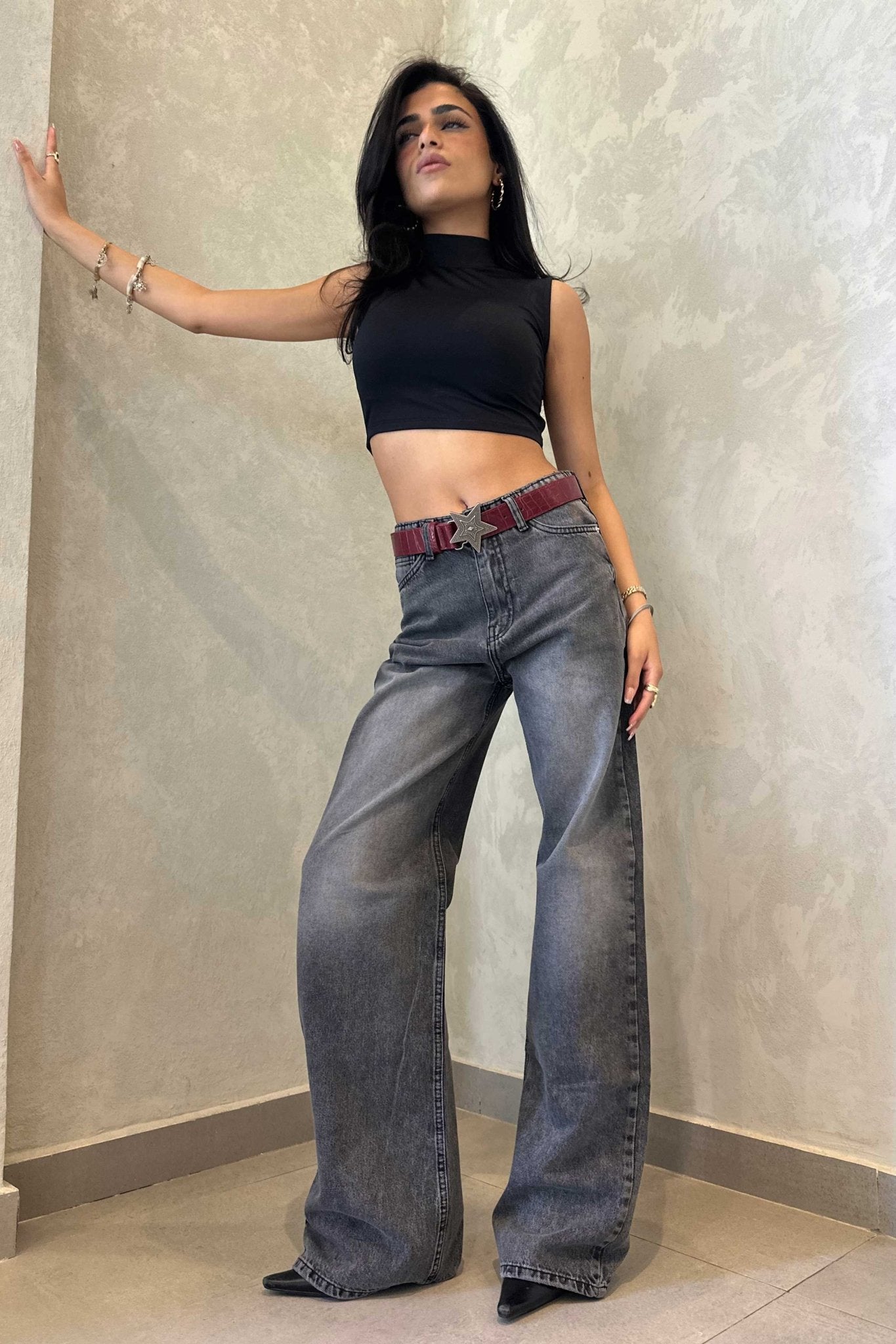 Wide-Leg | High-Waist Charcoal Washed Jeans Wide-Leg CIZARO - Cizaro Jeans