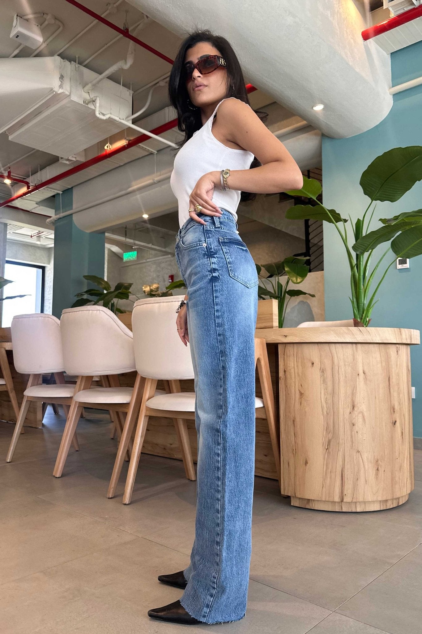 Ultra Comfort | Straight-Leg - High-Waist Raw Hem Medium Washed Blue Jeans Straight CIZARO - Cizaro Jeans