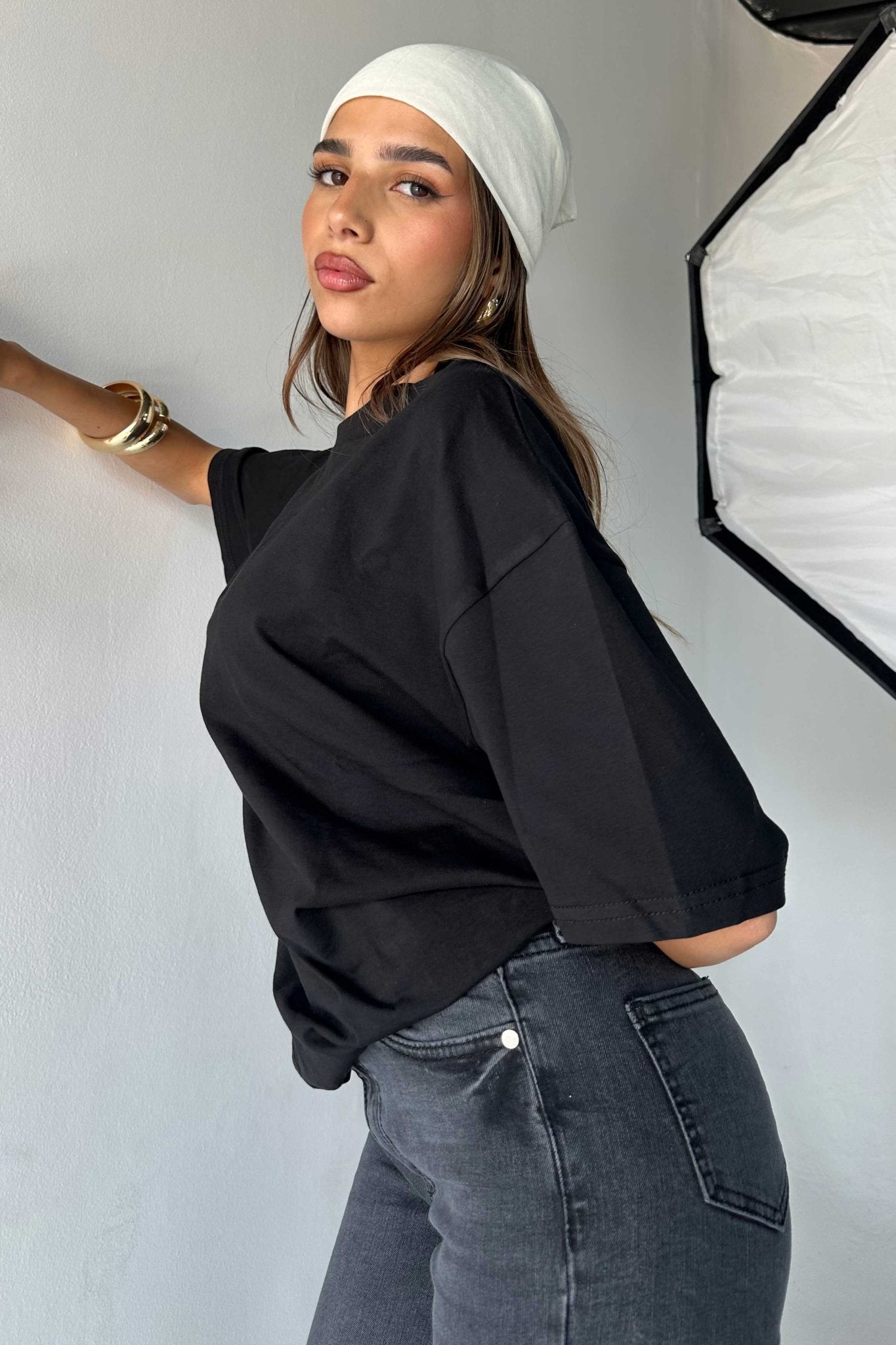Oversized - High-Round Neck Black Tee T-Shirt - Basics CIZNEW - Cizaro Jeans