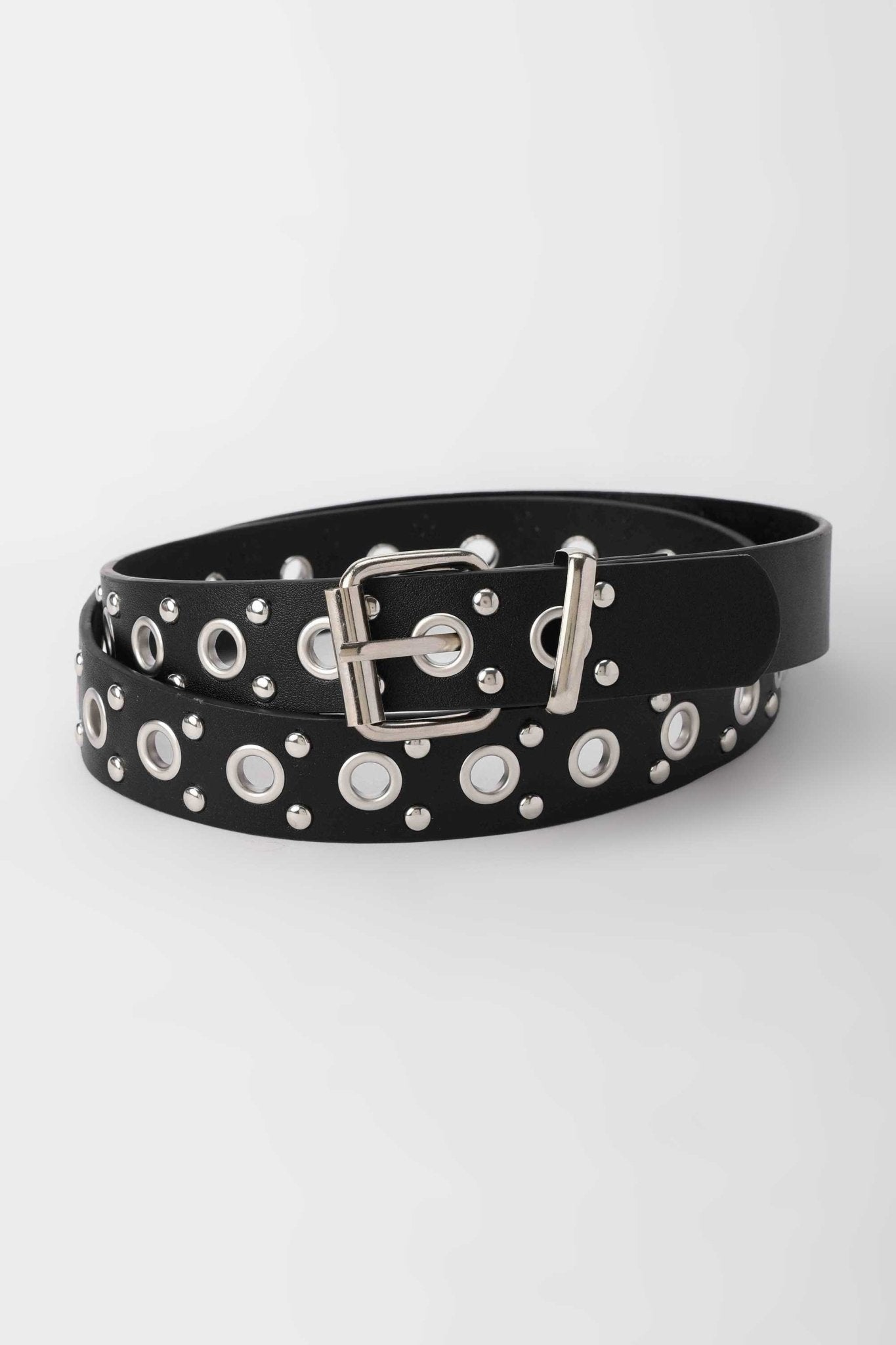 Belt | The Rebel Eyelet Belt – Black Faux Leather Medium with Silver Buckle Belt - Acc CZBELT - Cizaro Jeans