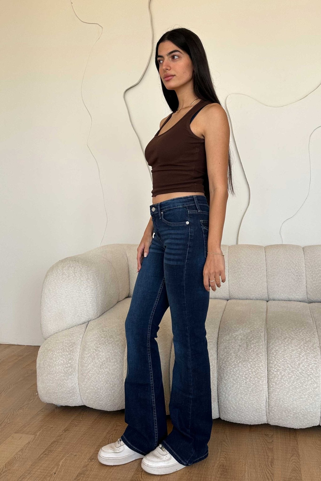 Flare – Ultra Elastic Low Waist Flap Pocket Deep Ocean Blue Jeans Mom-Fit CIZARO - Cizaro Jeans