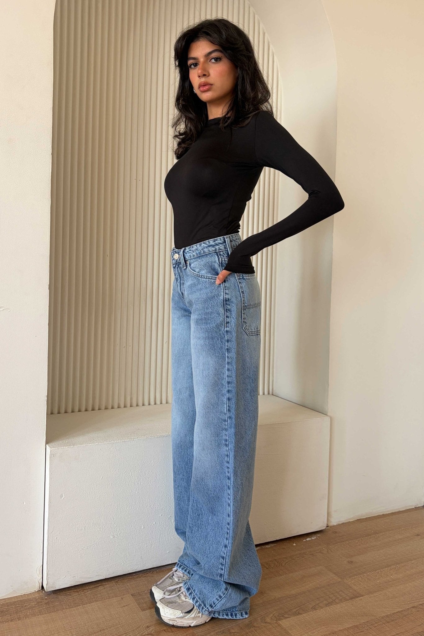 Wide Leg – Low Waist Powder Blue Jeans Mom-Fit CIZARO - Cizaro Jeans