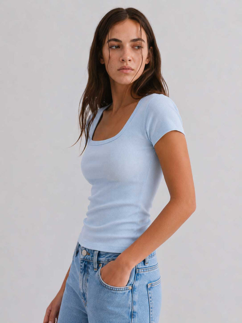 Short Sleeve U-Neck Ribbed Top – Pastel Blue Basic Top CIZARO - Cizaro Jeans