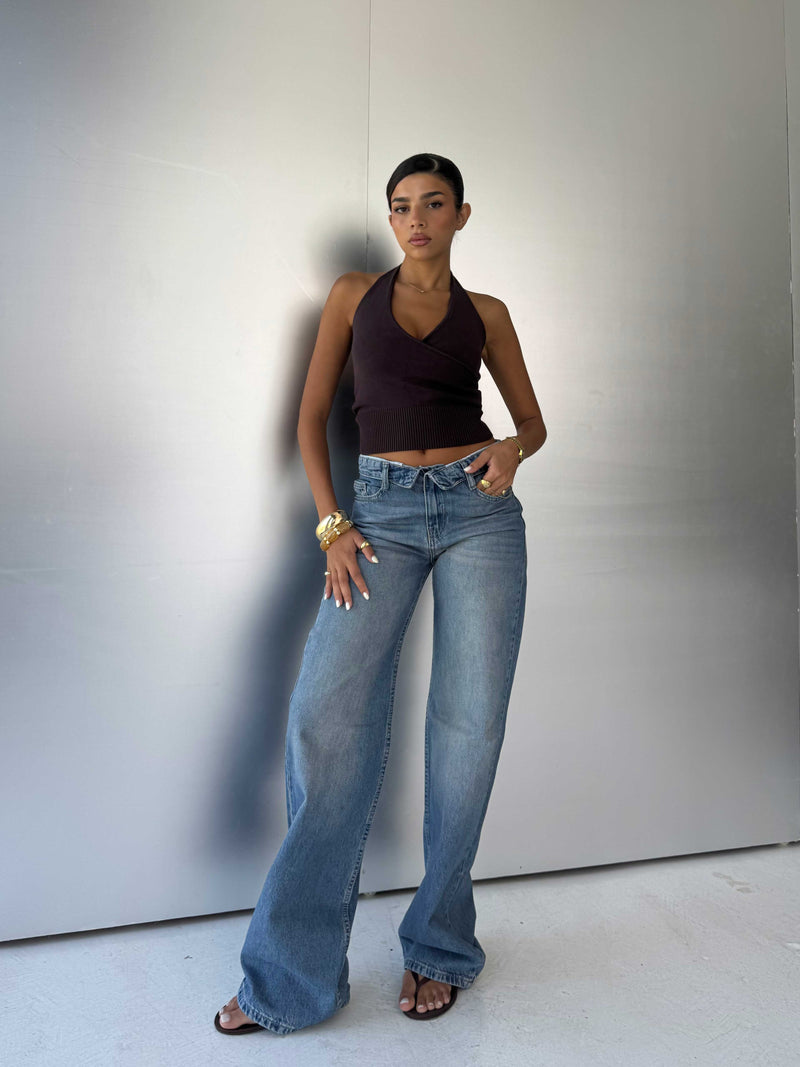 Folded Waistband Baggy – Low-Waist Light Vintage Blue Jeans Baggy CIZARO - Cizaro Jeans