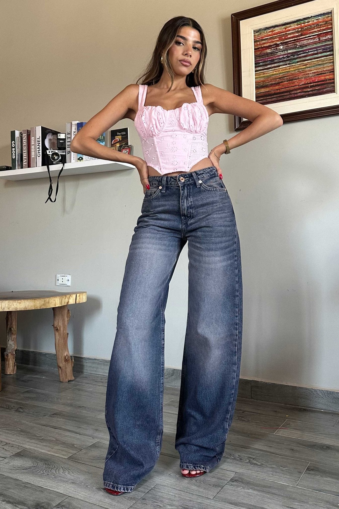 Baggy - High-Waist Dark Pink-Tinted Vintage Blue Jeans Baggy CIZARO - Cizaro Jeans