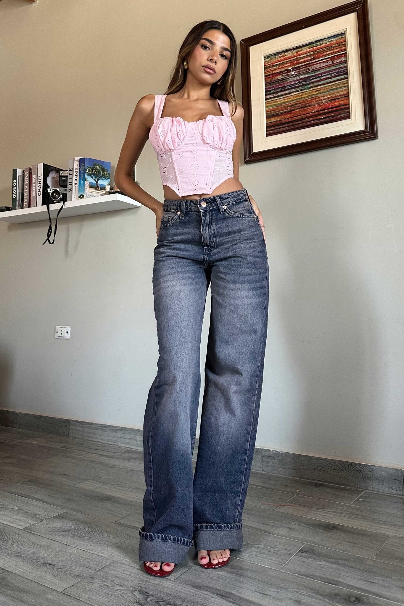 Baggy - High-Waist Dark Pink-Tinted Vintage Blue Jeans Baggy CIZARO - Cizaro Jeans