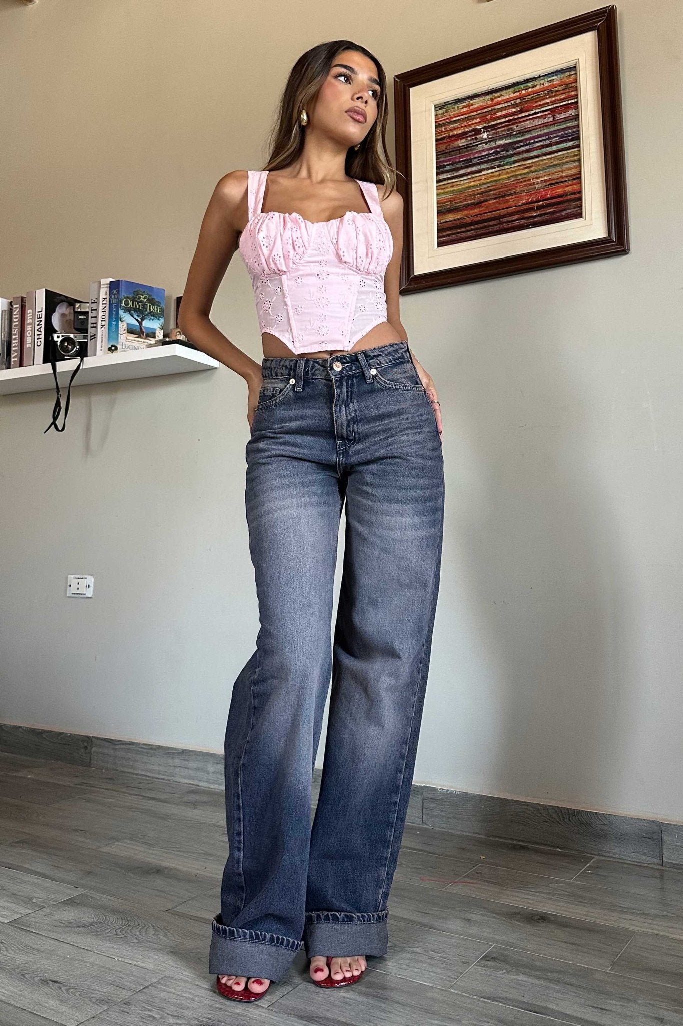 Baggy - High-Waist Dark Pink-Tinted Vintage Blue Jeans Baggy CIZARO - Cizaro Jeans