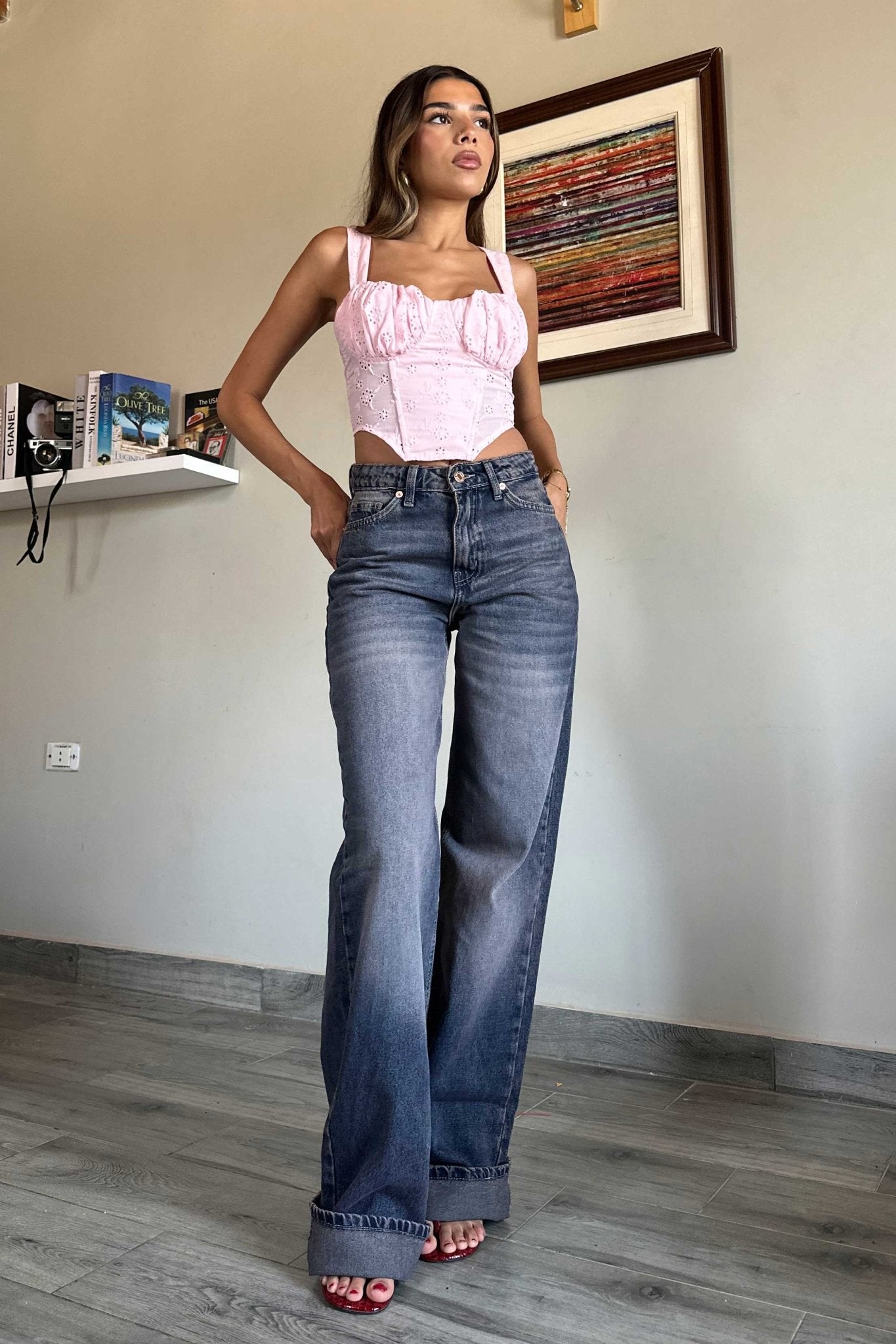Baggy - High-Waist Dark Pink-Tinted Vintage Blue Jeans Baggy CIZARO - Cizaro Jeans