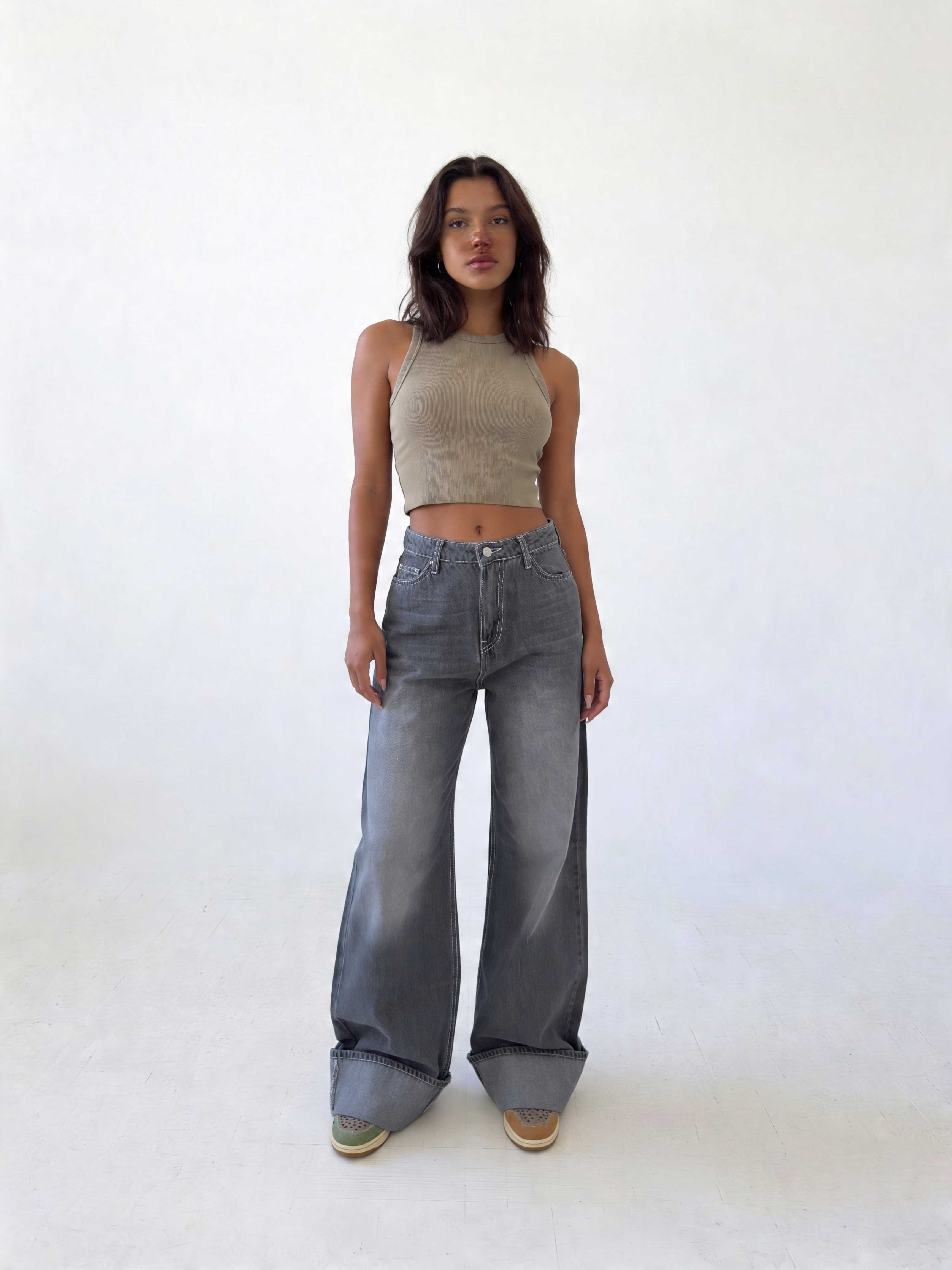 Baggy โ High-Waist Faded Grey Jeans