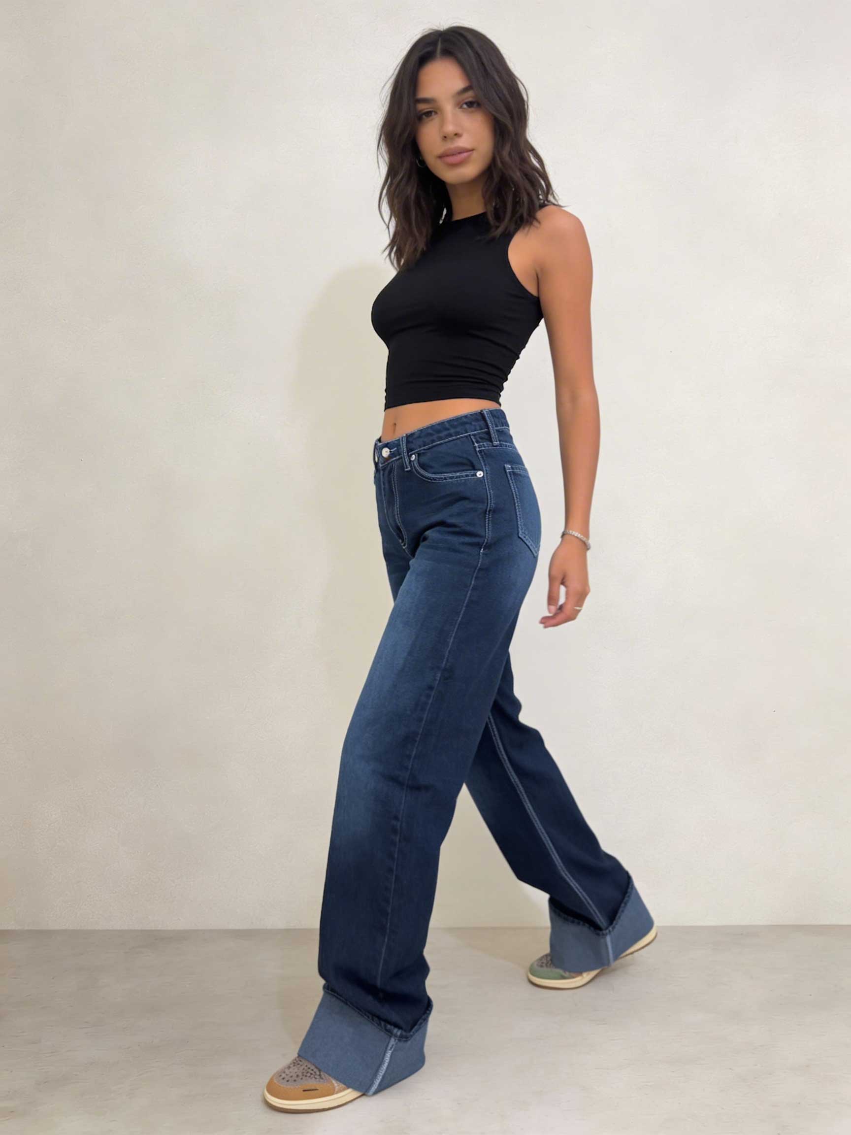 Baggy โ High-Waist Folded Navy Blue Jeans