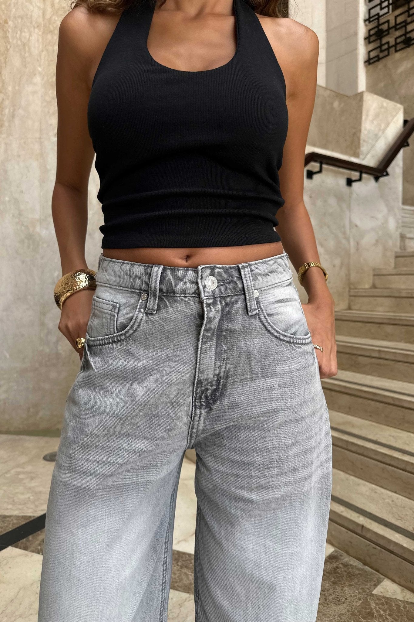Barrel Fit – Flex Waist Light Gray Acid Wash Jeans barrel flex waist CIZARO - Cizaro Jeans
