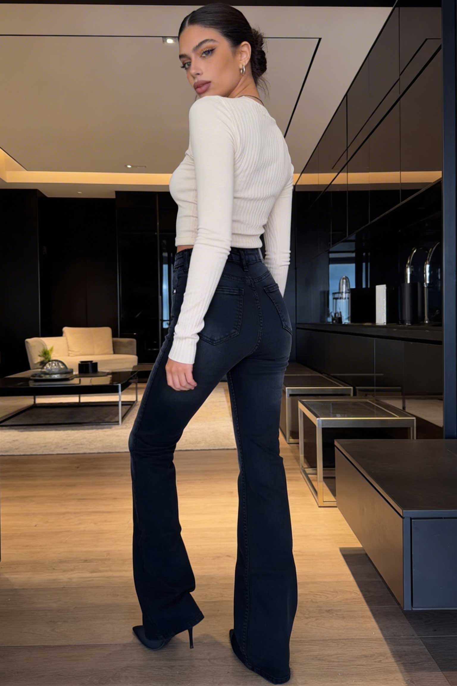 Flare – High-Waist Washed Black Jeans flare CIZARO - Cizaro Jeans