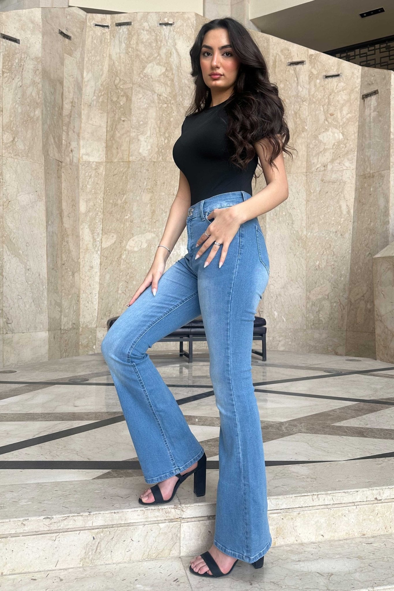 Flare - High-Waist Medium Washed Blue Jeans Flare CIZARO - Cizaro Jeans