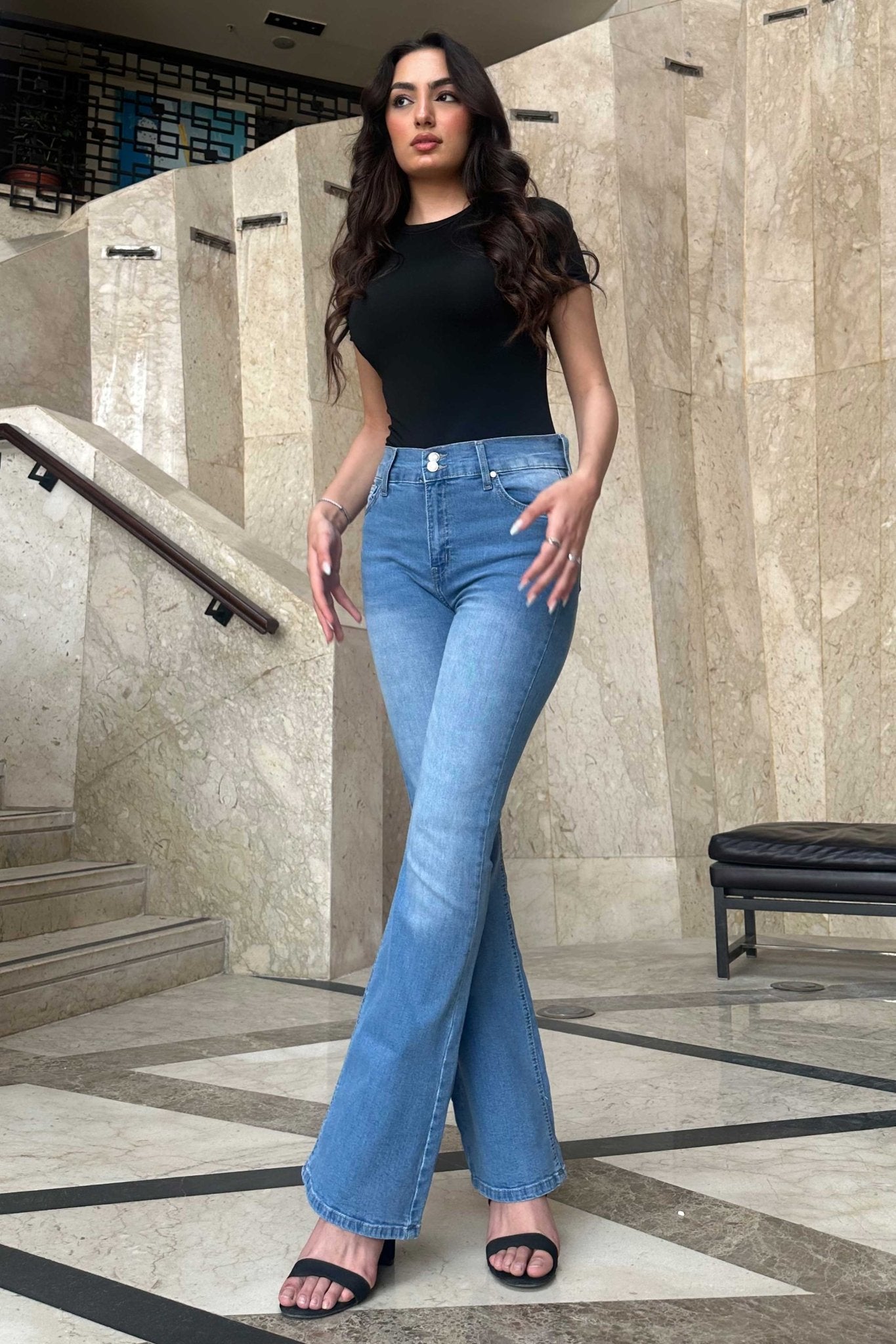 Flare - High-Waist Medium Washed Blue Jeans Flare CIZARO - Cizaro Jeans