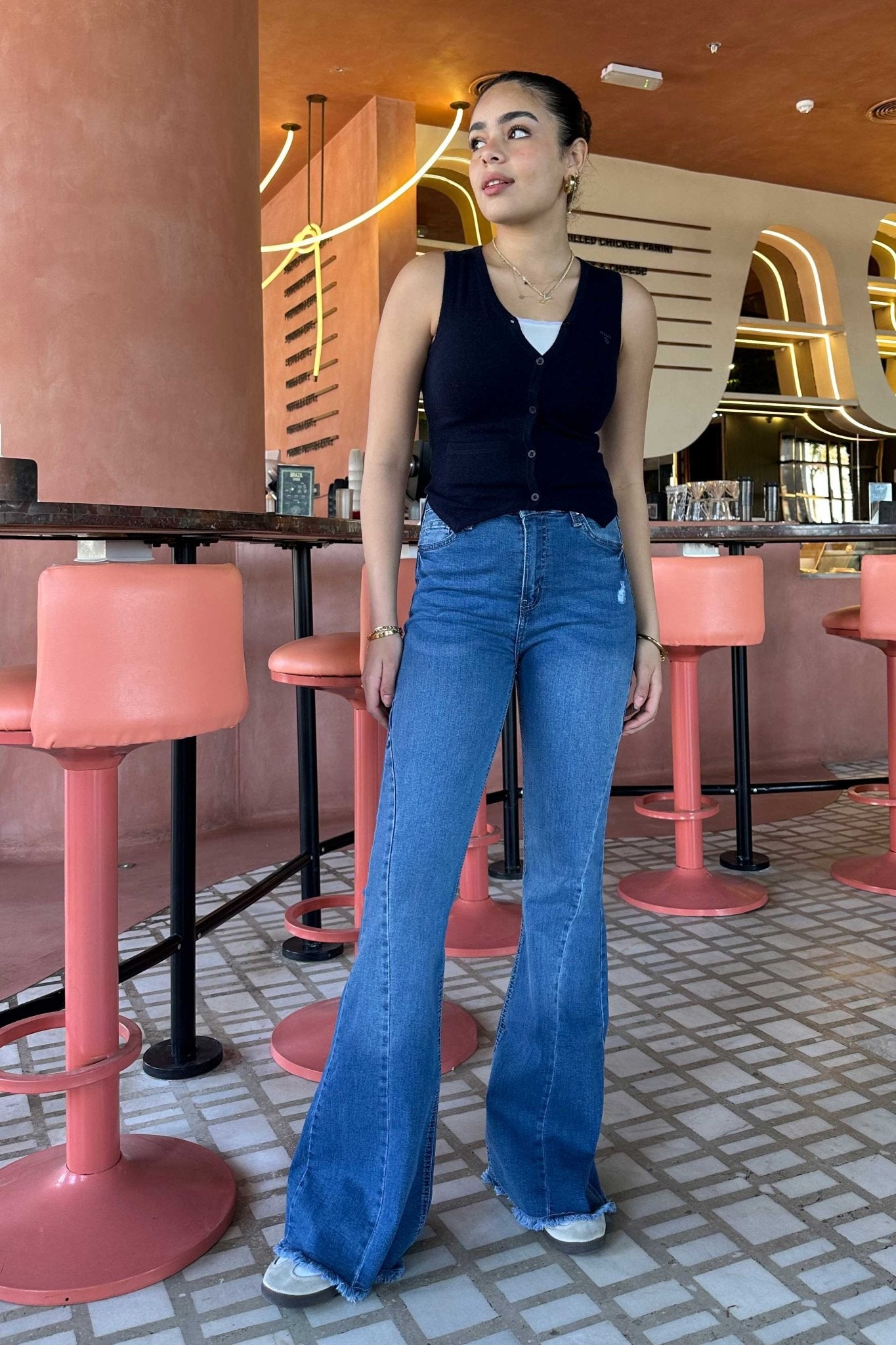 Exaggerated Flare - Raw Hem Bright Blue Jeans with Pink Tuck Detail Flare CIZARO - Cizaro Jeans
