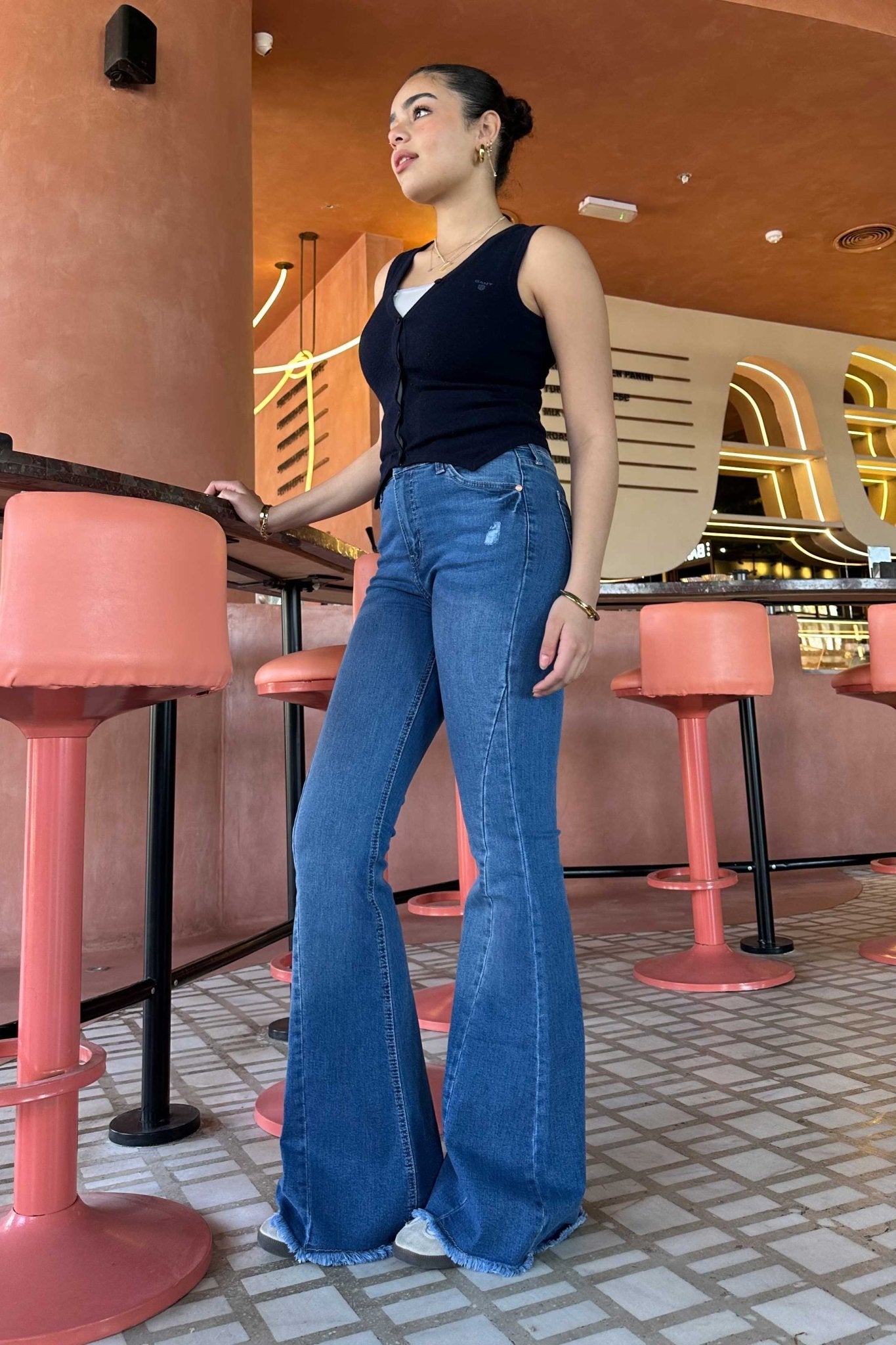 Exaggerated Flare - Raw Hem Bright Blue Jeans with Pink Tuck Detail Flare CIZARO - Cizaro Jeans