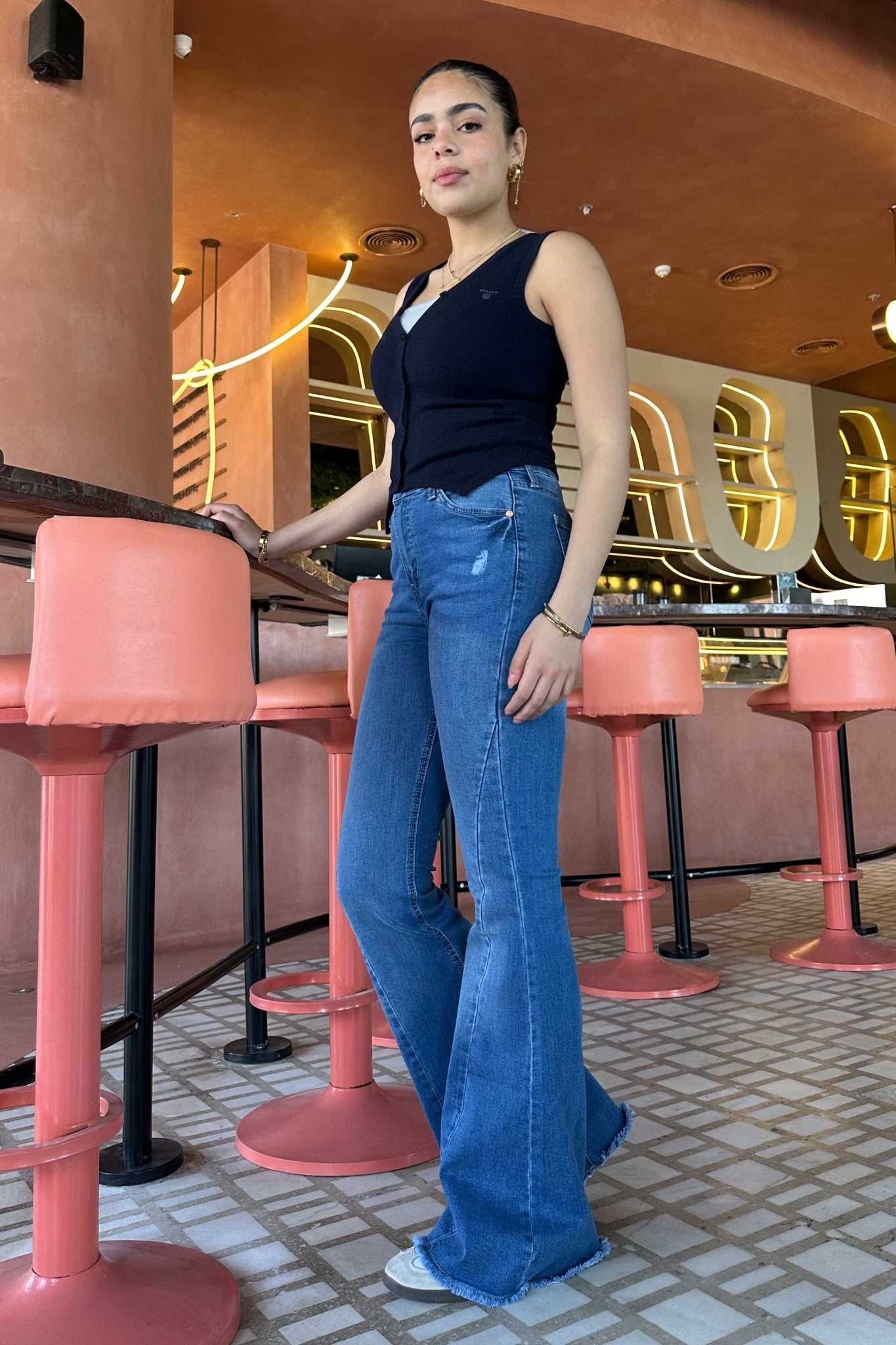 Exaggerated Flare - Raw Hem Bright Blue Jeans with Pink Tuck Detail Flare CIZARO - Cizaro Jeans