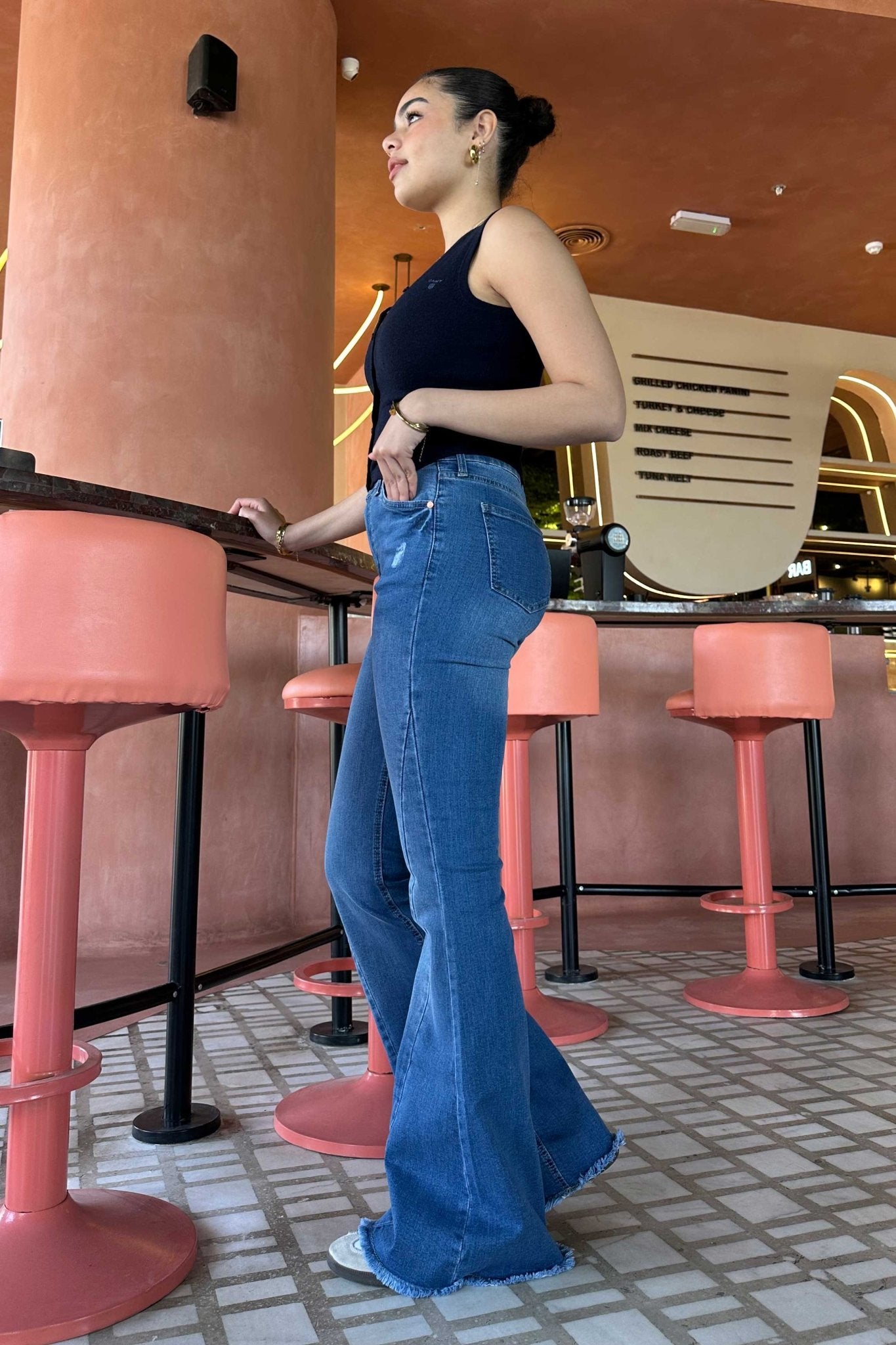 Exaggerated Flare - Raw Hem Bright Blue Jeans with Pink Tuck Detail Flare CIZARO - Cizaro Jeans