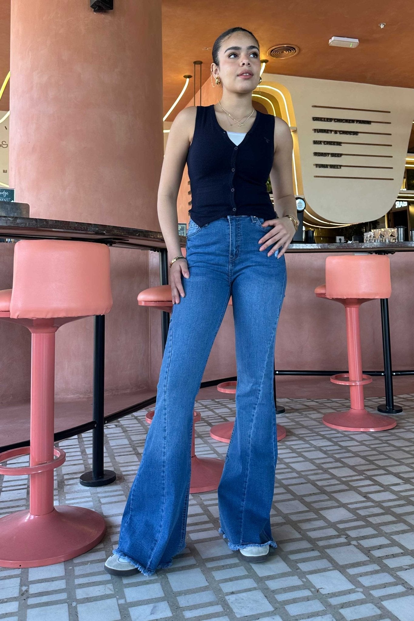 Exaggerated Flare - Raw Hem Bright Blue Jeans with Pink Tuck Detail Flare CIZARO - Cizaro Jeans