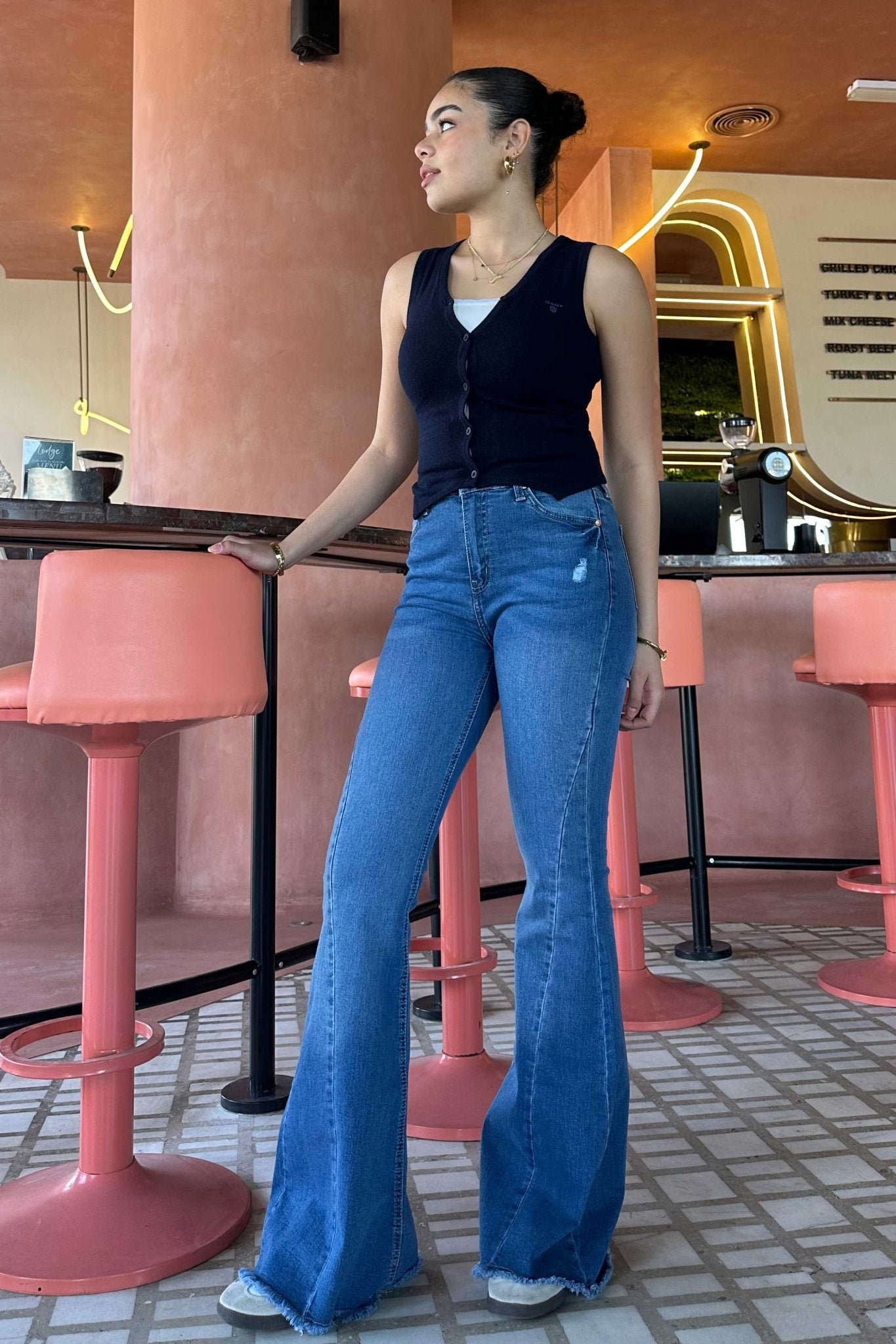 Exaggerated Flare - Raw Hem Bright Blue Jeans with Pink Tuck Detail Flare CIZARO - Cizaro Jeans