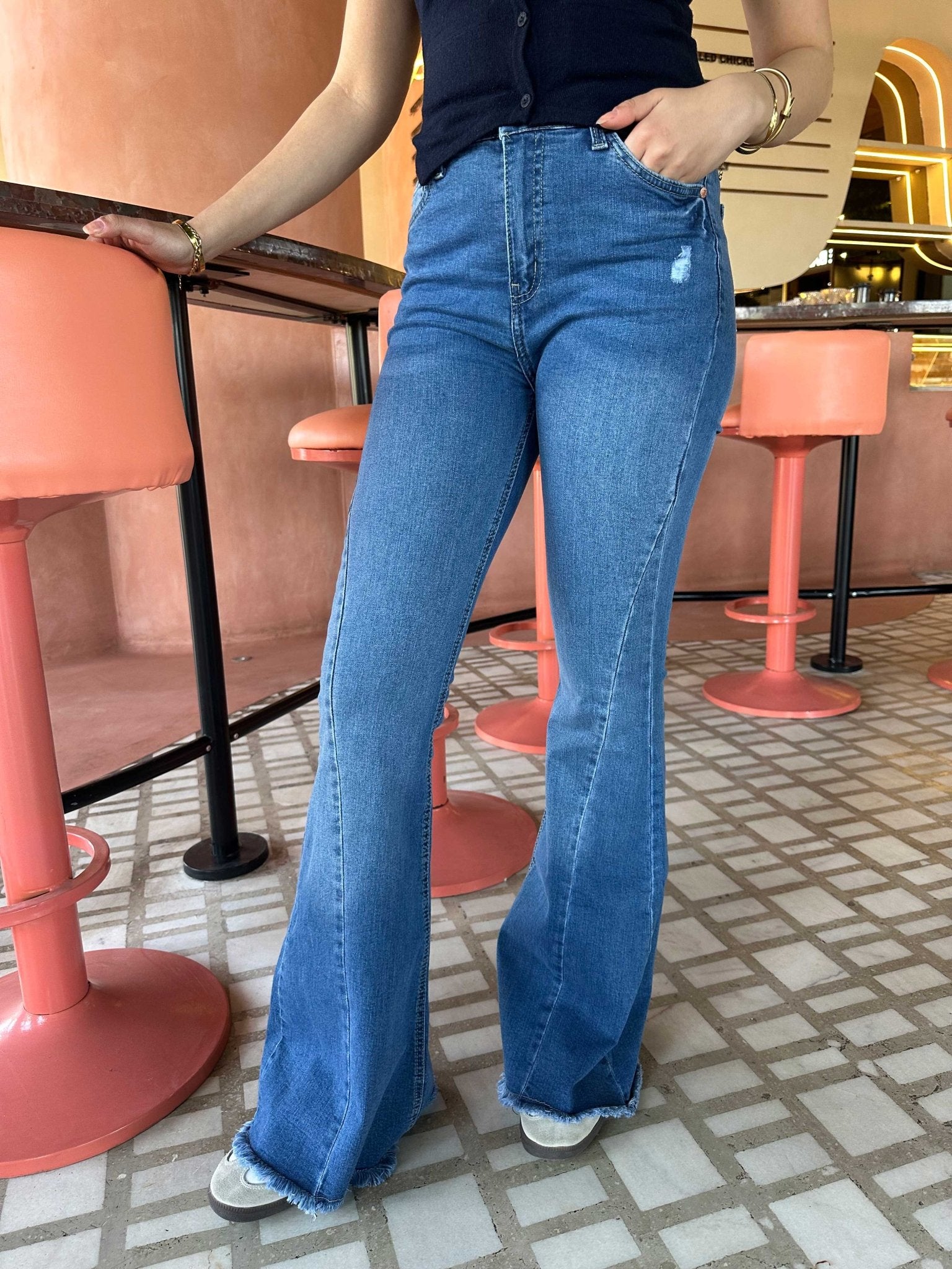 Exaggerated Flare - Raw Hem Bright Blue Jeans with Pink Tuck Detail Flare CIZARO - Cizaro Jeans