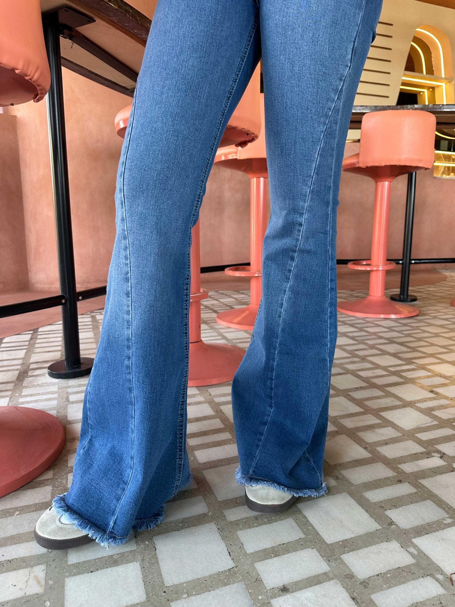 Exaggerated Flare - Raw Hem Bright Blue Jeans with Pink Tuck Detail Flare CIZARO - Cizaro Jeans