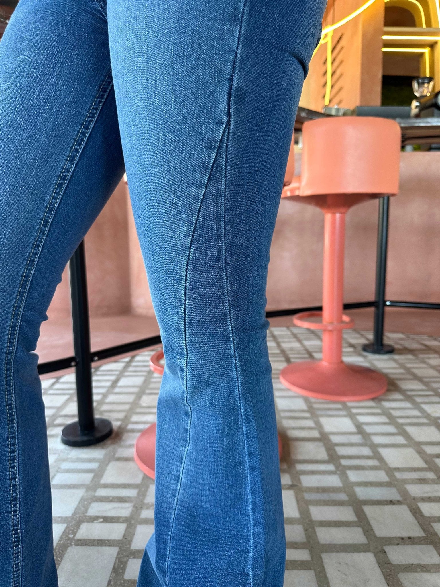 Exaggerated Flare - Raw Hem Bright Blue Jeans with Pink Tuck Detail Flare CIZARO - Cizaro Jeans
