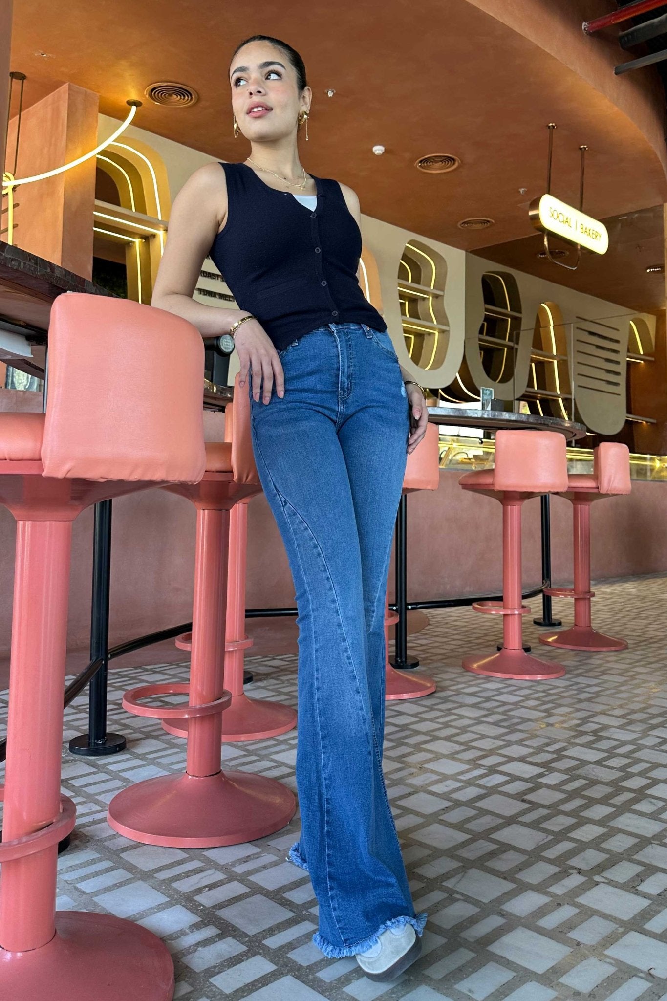 Exaggerated Flare - Raw Hem Bright Blue Jeans with Pink Tuck Detail Flare CIZARO - Cizaro Jeans